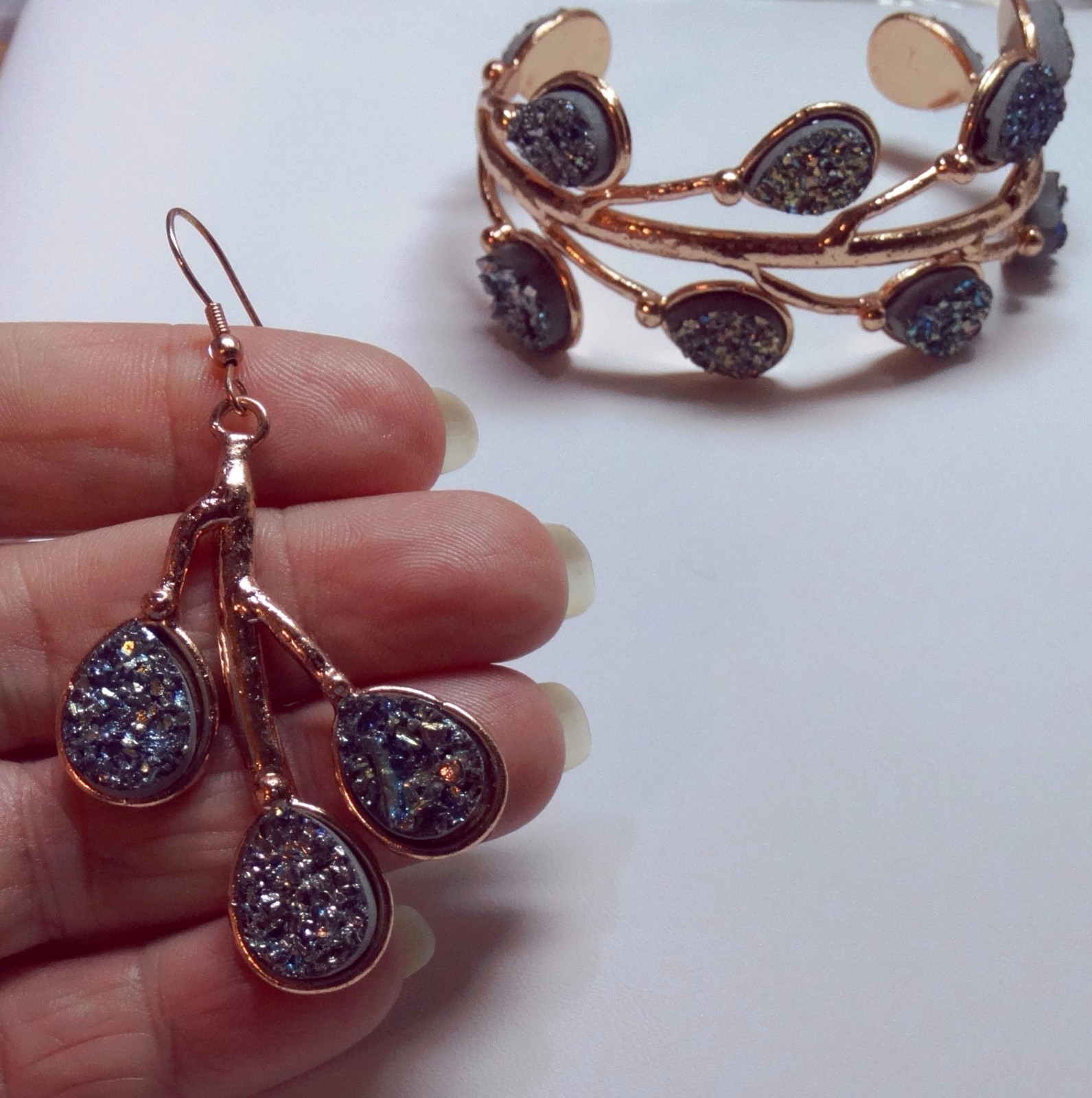 ONE of a KIND Blue Druzy STATEMENT Necklace Earrings & Bracelet Set ROSE GOLD