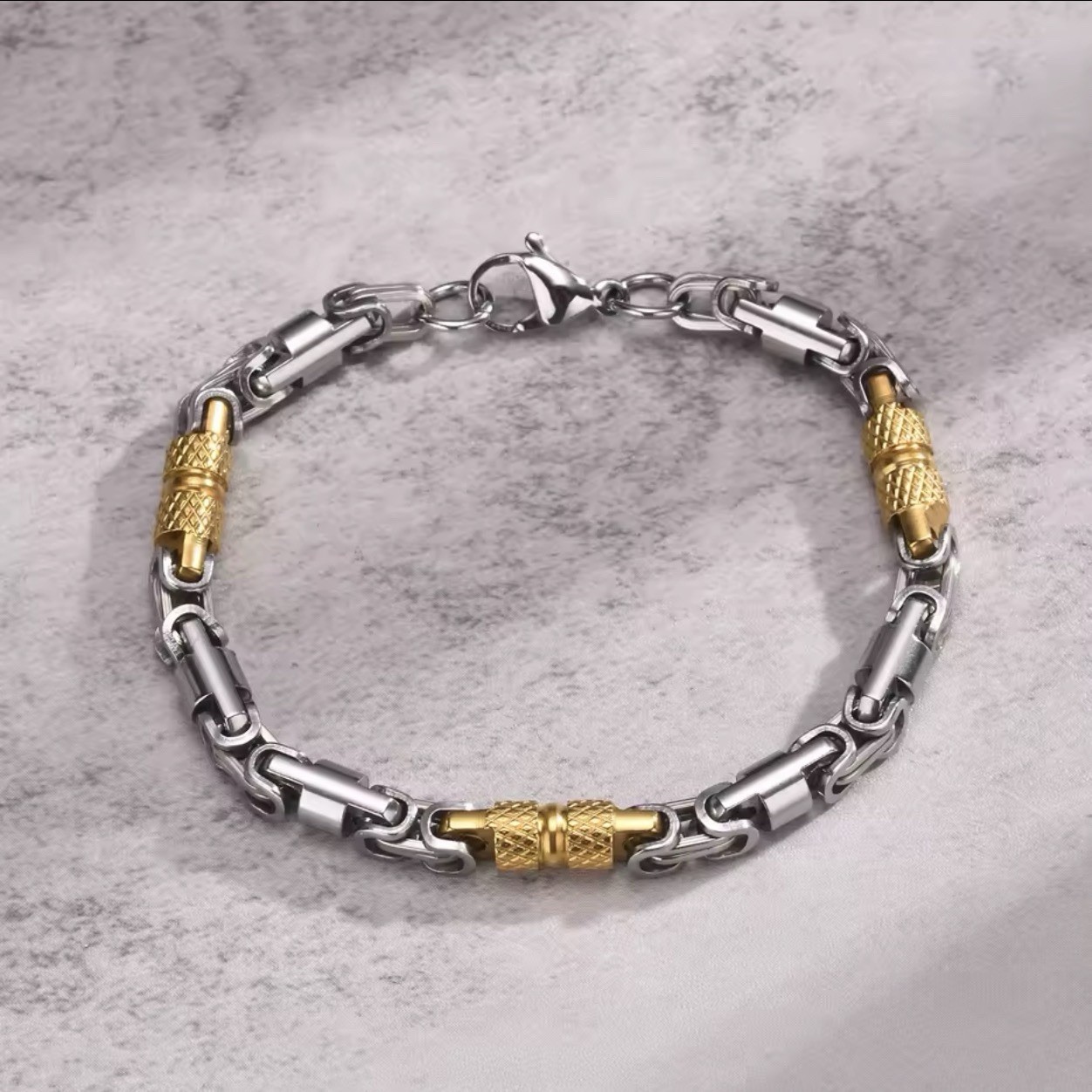 Men’s Byzantine Bracelet, Stainless Steel, Silver/Gold Color, 6mm/20cm