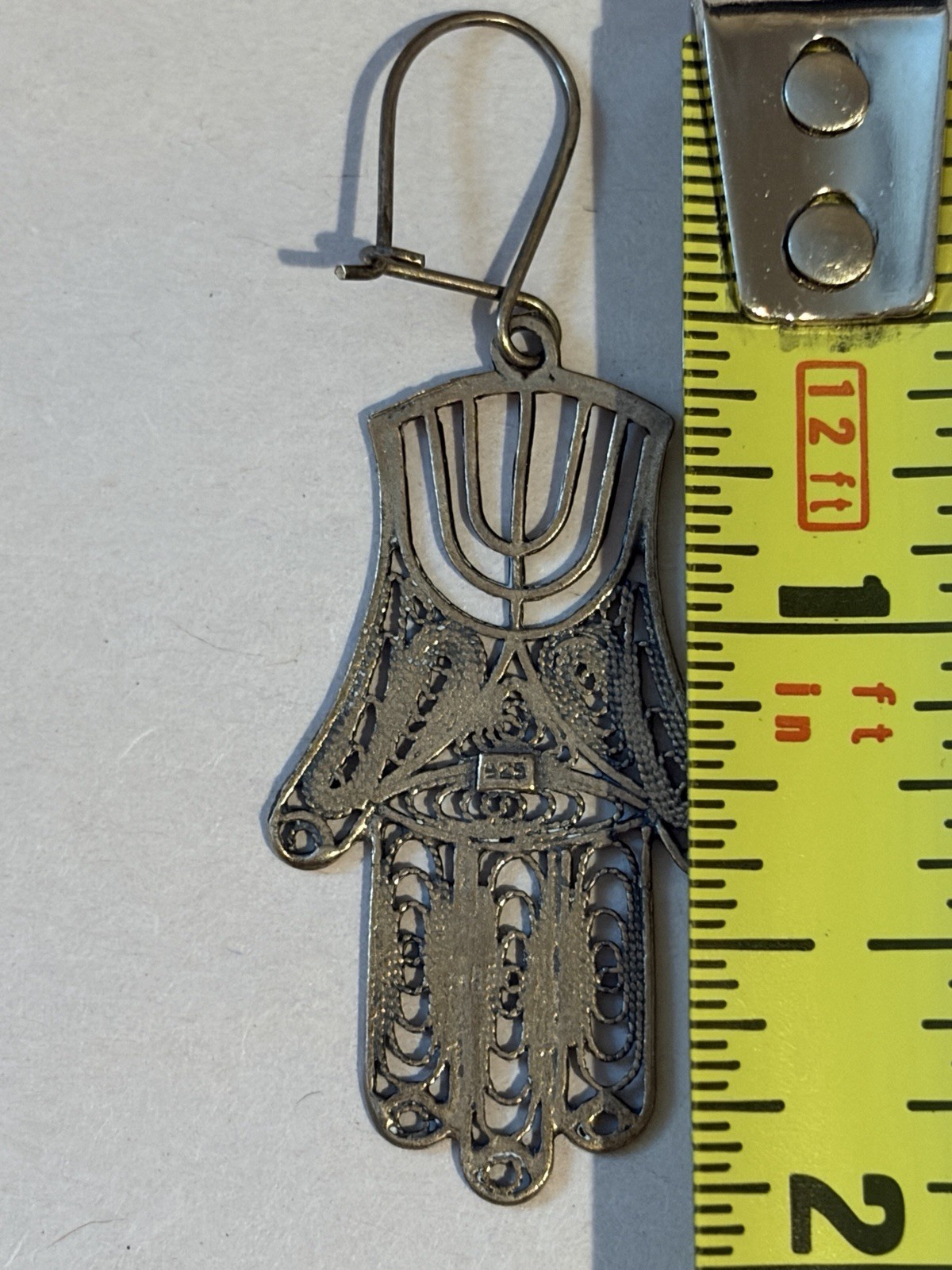 Vtg 925 Sterling Silver Filigree Hamsa Menorah Dangle Earrings Israel Judaica