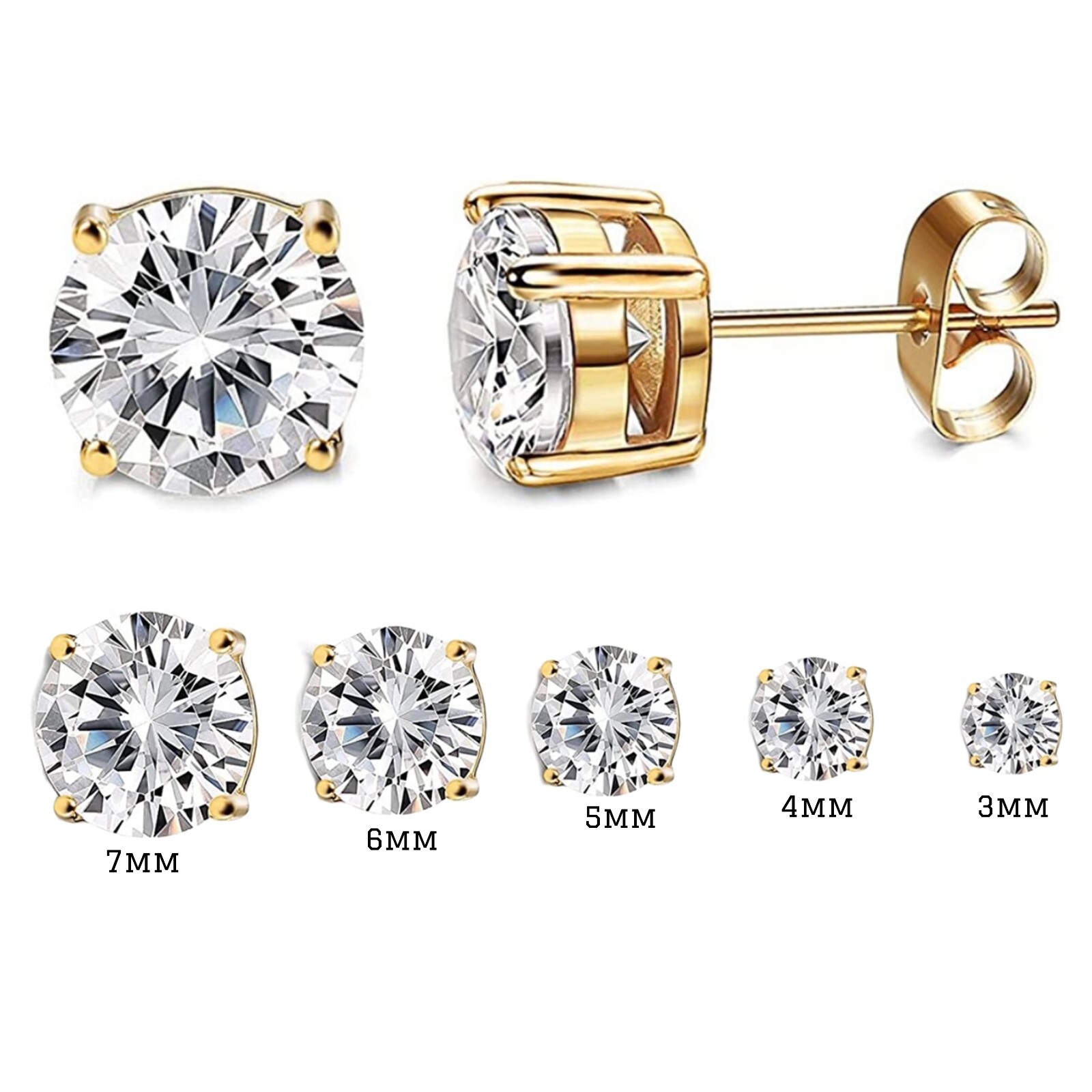 Elegant Round Cut 14K Gold Plated Sterling Silver CZ Studs – Choose Your Size