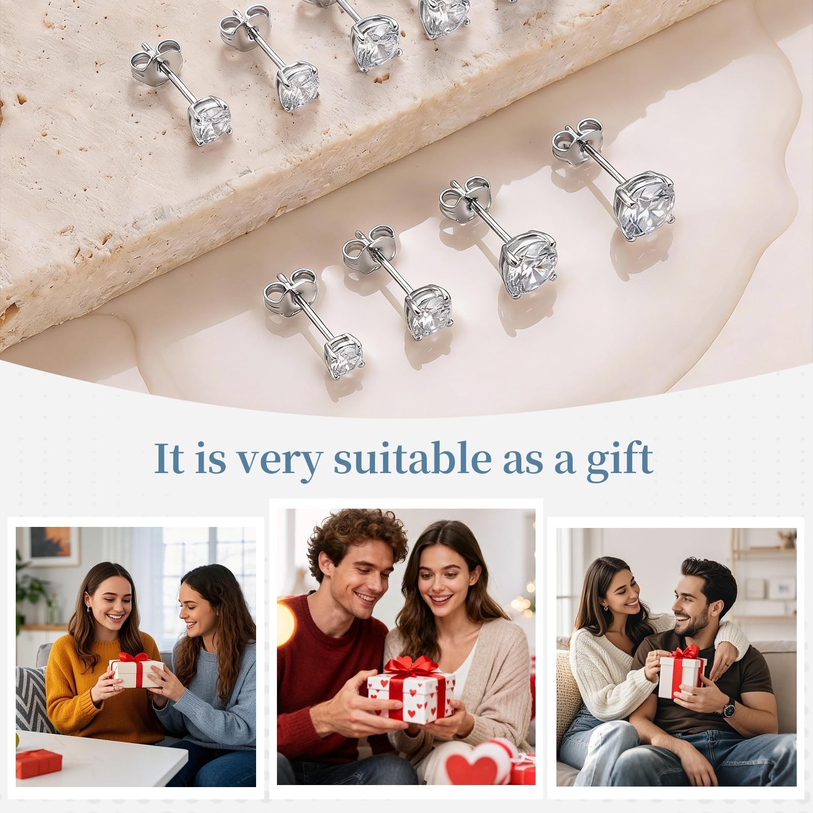 7 Pairs Stainless Steel CZ Stud Earrings Set | 20G posts, 2-8mm CZ studs, 7-p…
