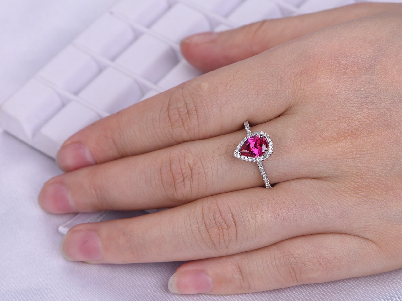 1.90 Ct Pear Cut Natural Ruby Diamond Wedding Ring 14K White Gold Size 8