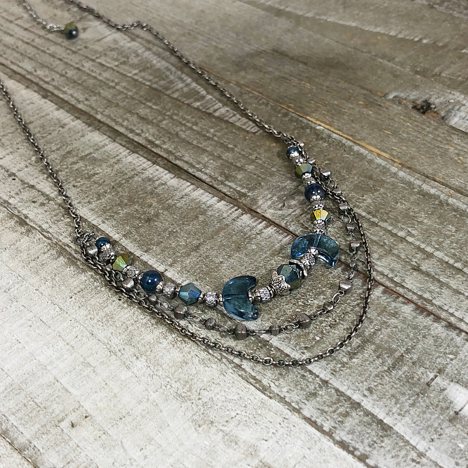 Midnight Blue Crescent Moon Necklace with Titanium Coated Quartz