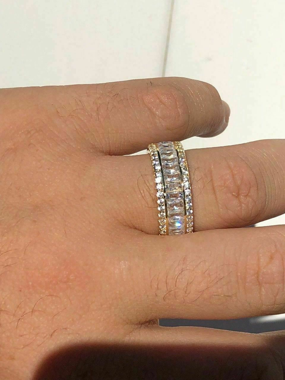 Anillo De PLATA 925 Maciza Con Diamantes Baguette Simulados Bañado en Oro 14K