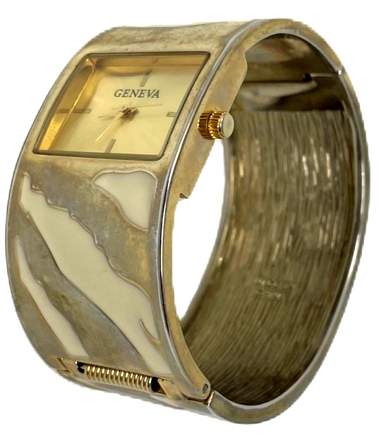 Womens Wristwatch Bracelet Open Cuff Hinge Gold Dial Two Tone Geneva