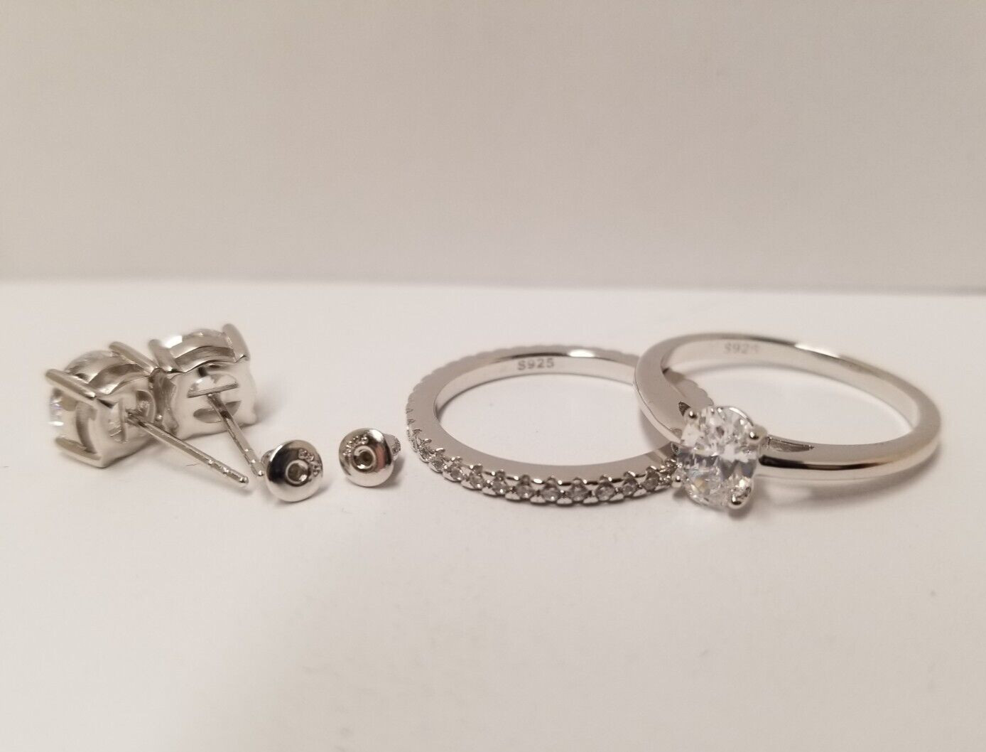 Modern Gents Oval Simulated Diamond Solitaire & Eternity Rings SZ 9 w/ Earrings