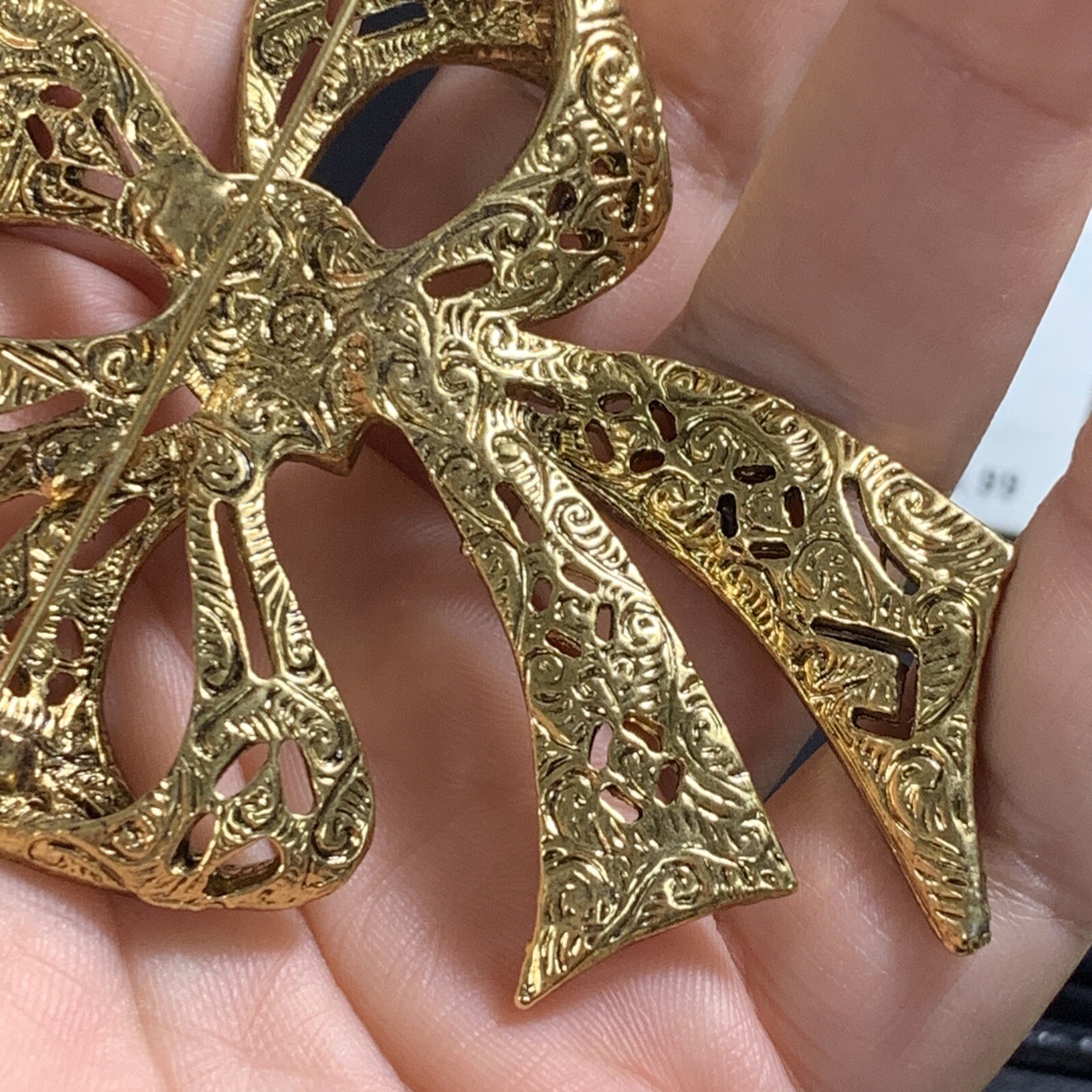 Brooch Bow Large Filigree 1928 Jewelry Company Glass Rhinestones Earrings Set