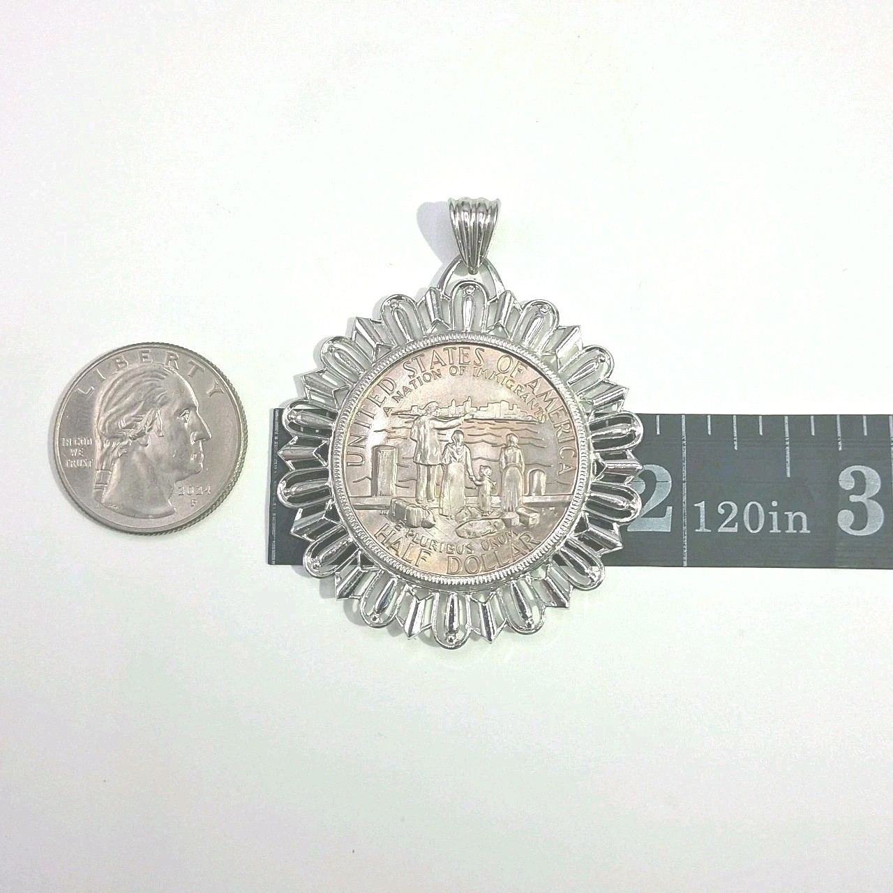 Vtg Unique & Paseka 925 Sterling Coin Bezal 1986 Half Dollar Clad Coin Pendant