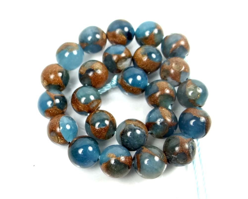 8mm Aquamarine Quartz with Pyrite / Gold Brown Vein Round Beads (23)