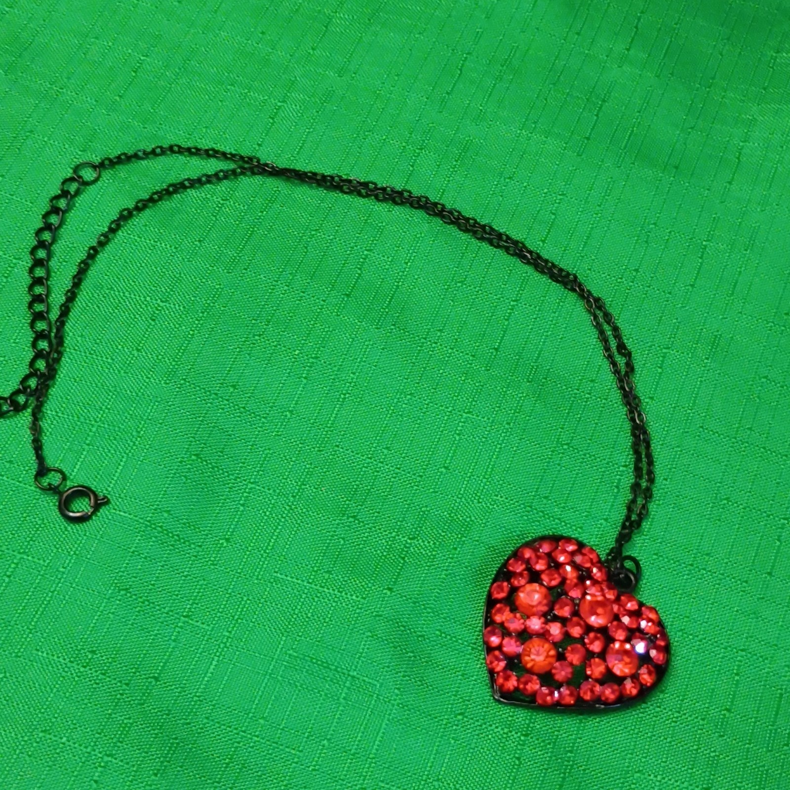 Black Cable Chain Necklace Red Crystal Pavé Heart Charm Pendant 12-18″