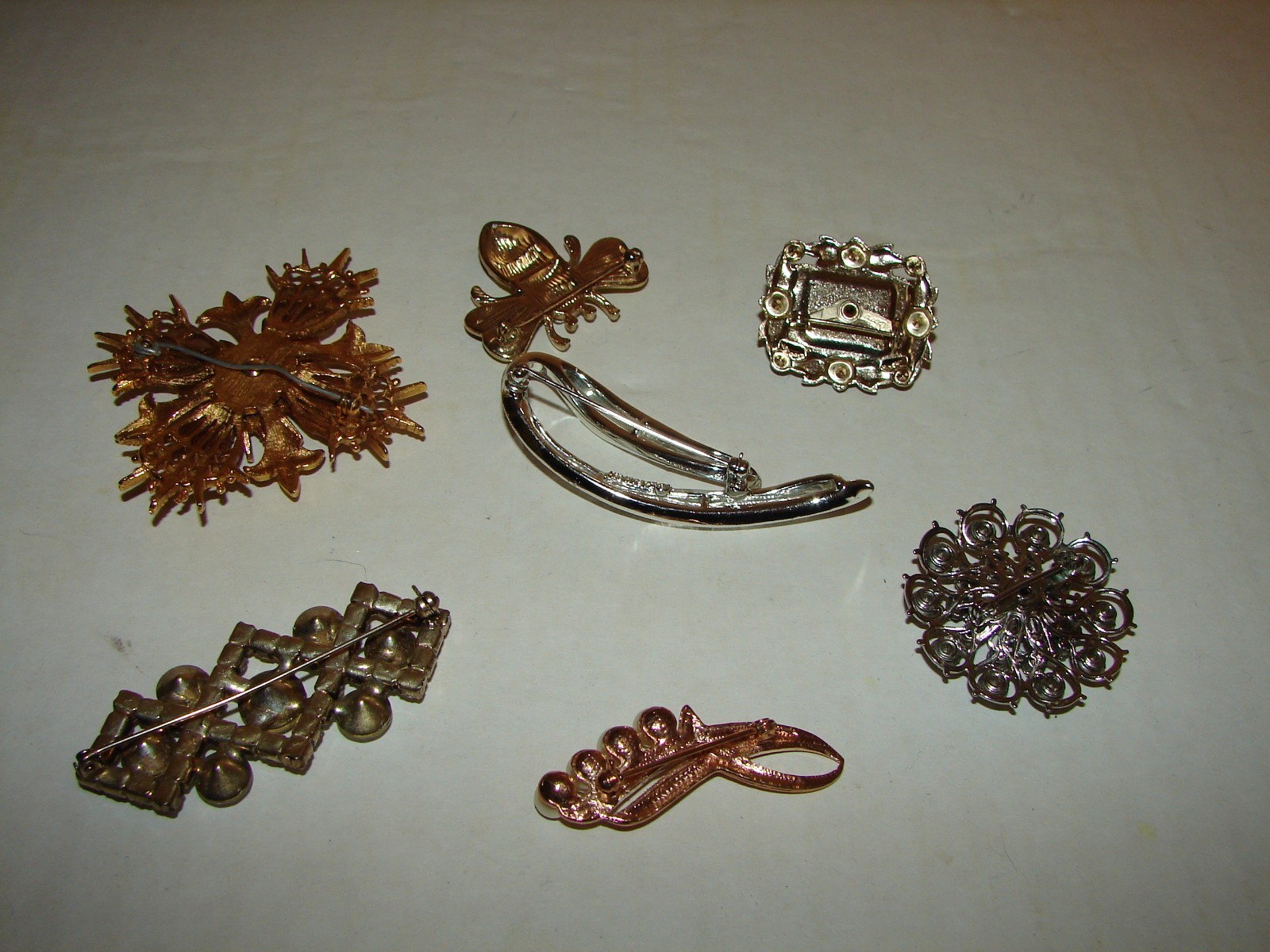 Vintage Lot 7 Brooches One Designer Signed Sarah Cov. Rhinestones and Faux Pearl