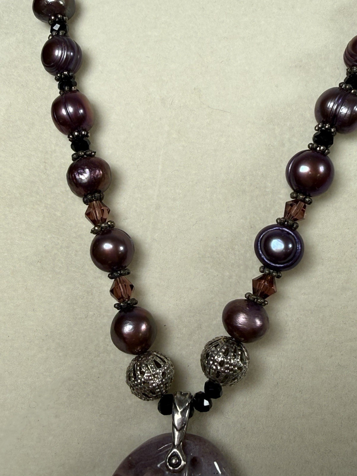 Vintage Carved Plum Blossom Agate Pendant Necklace Dyed Purple Freshwater Pearl