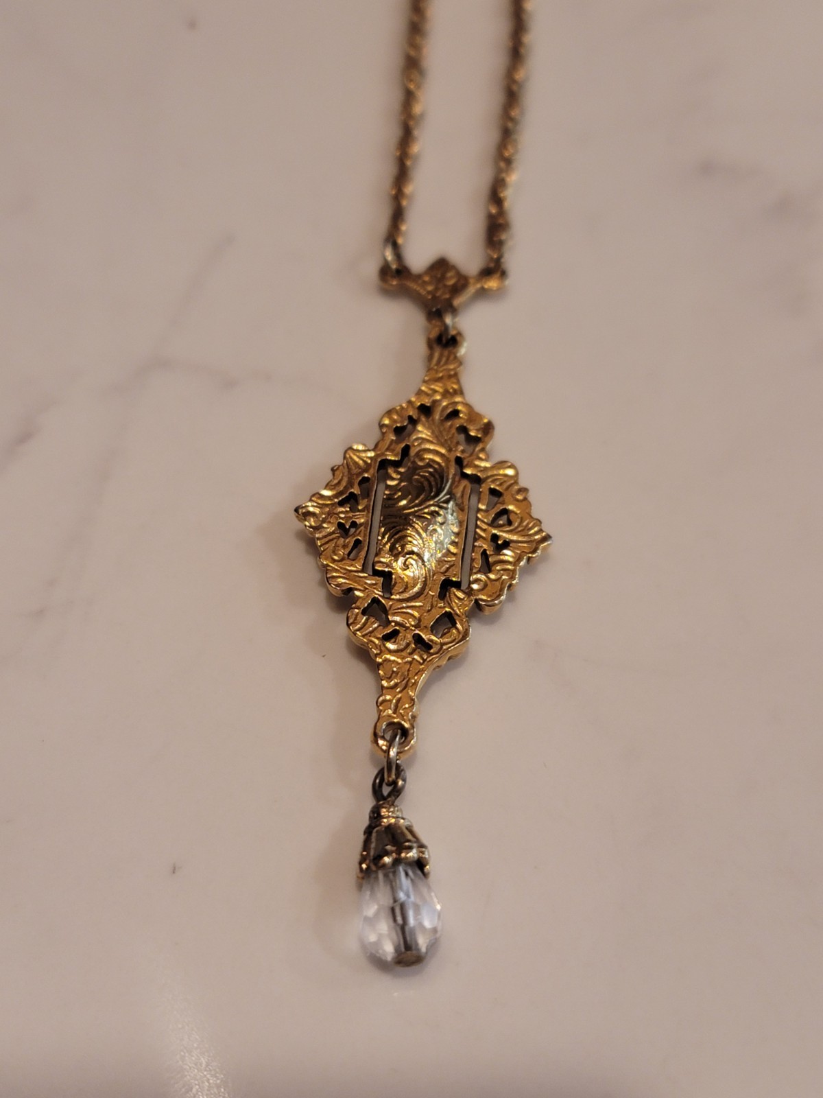 Vintage 1928 Gold Tone Crystal Drop Pendant Necklace Art Deco Revival