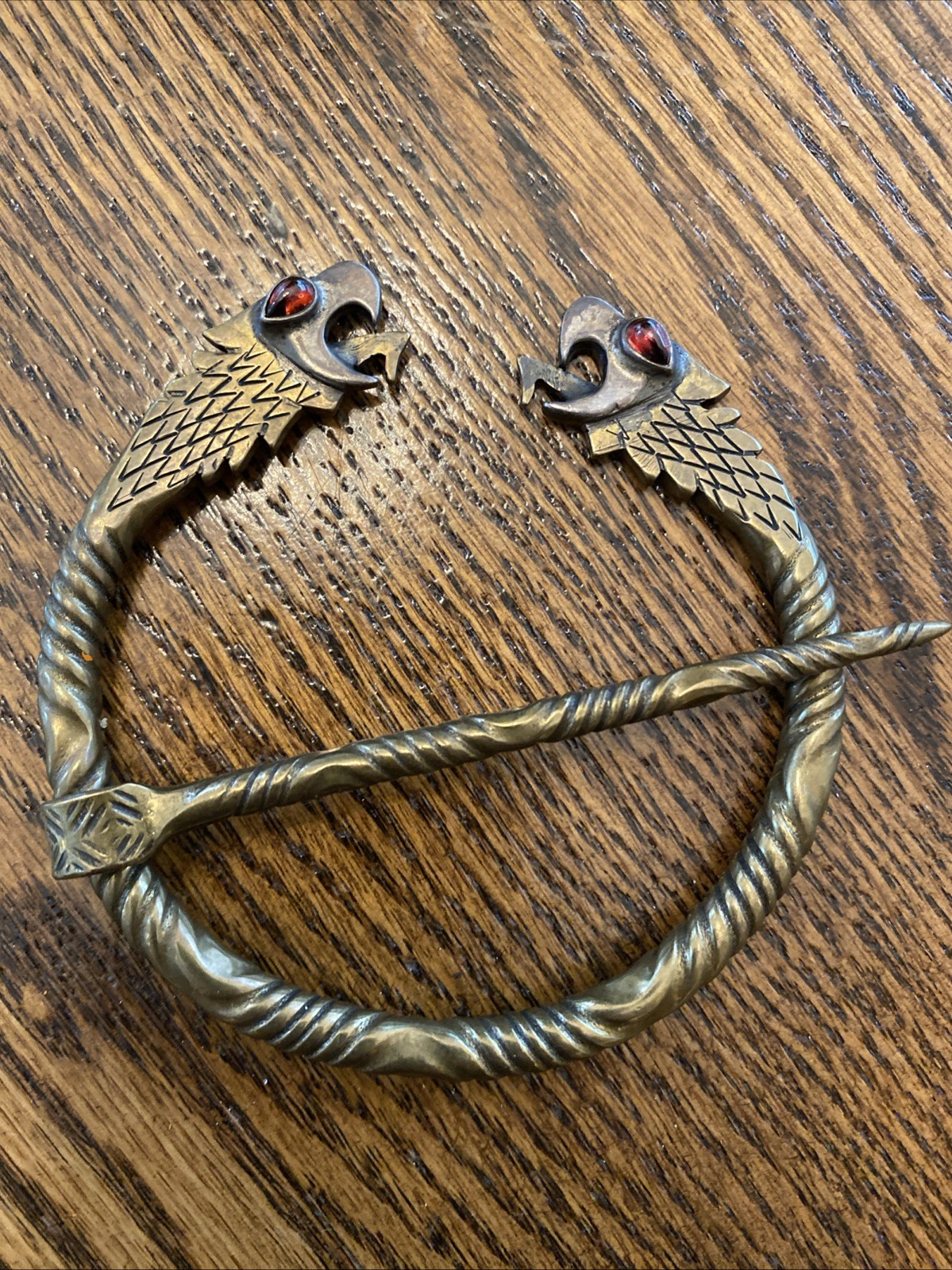 Bronze Ruby Eye Dragon Penannular Brooch Celtic Kilt Pin Earasaid Shawl Fastener
