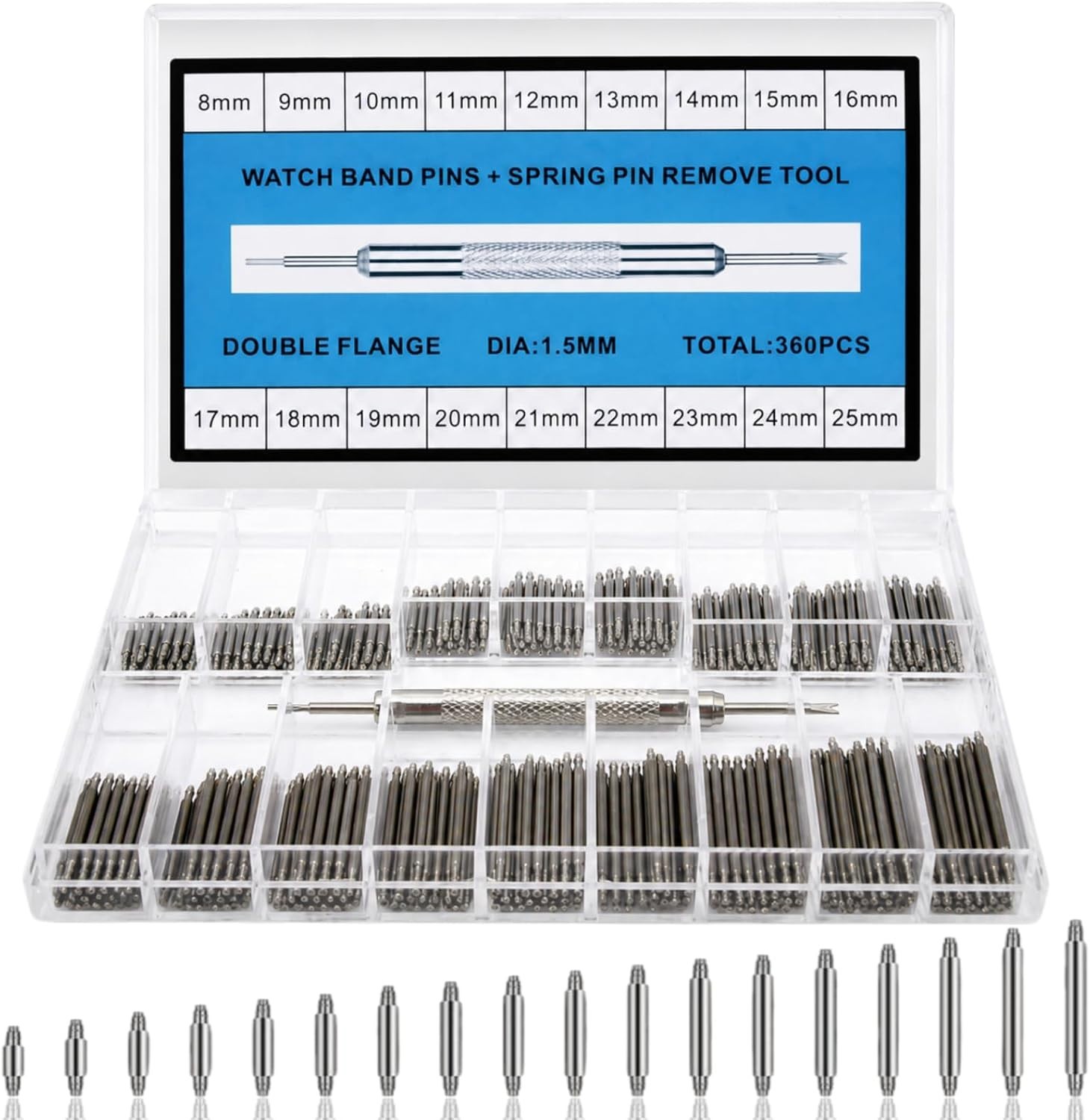 360Pcs 8-25mm Watch Band Pins, Watch Pins Replacement Kit with Bands Strap Li…