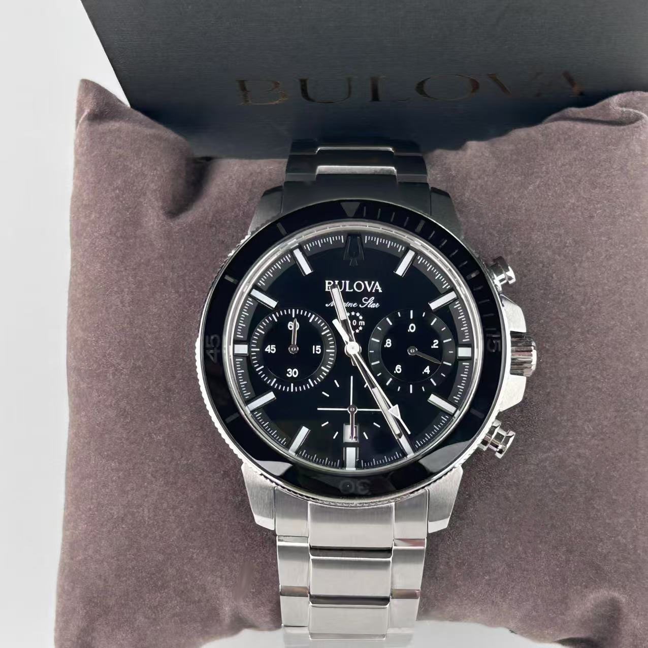 New Bulova Marine Star Black Dial Stainless Steel Men’s Quartz Watch 96B272 45mm