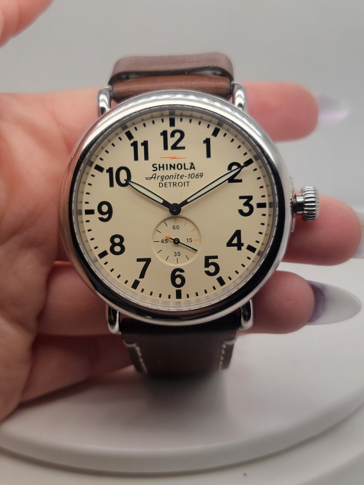 Shinola Runwell 47mm Cream Dial Argonite-1069 Men’s Watch Brown Leather