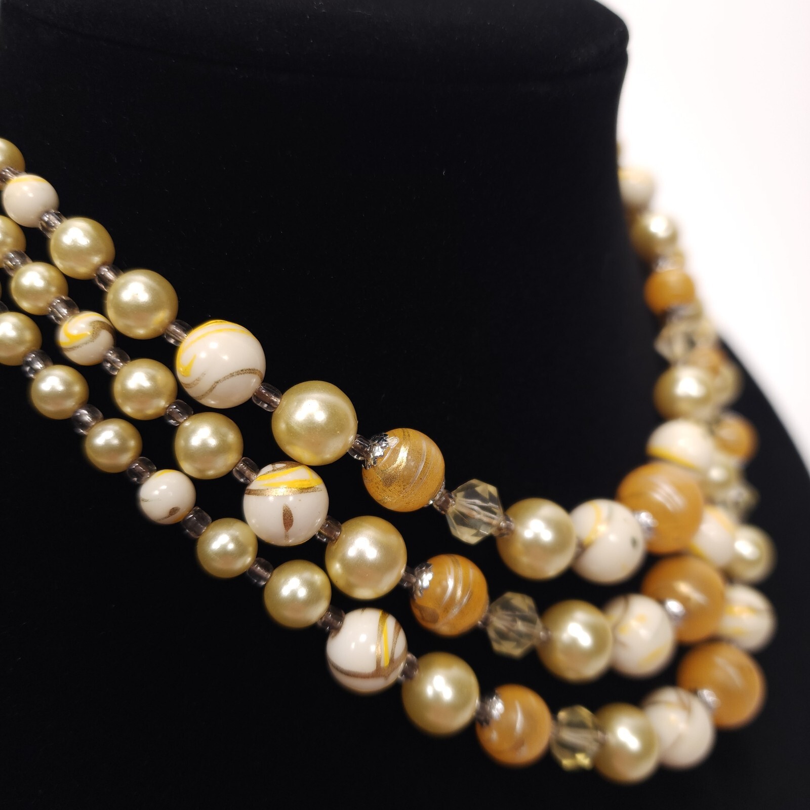 Vintage Beaded Necklace Japan Orange Cream Champagne Swirl Multi Strand Collar