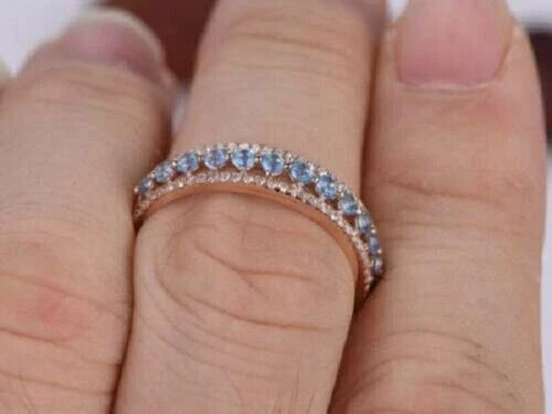 1.50Ct Round Cut Aquamarine Half Eternity Wedding Band Ring 18K Rose Gold Finish