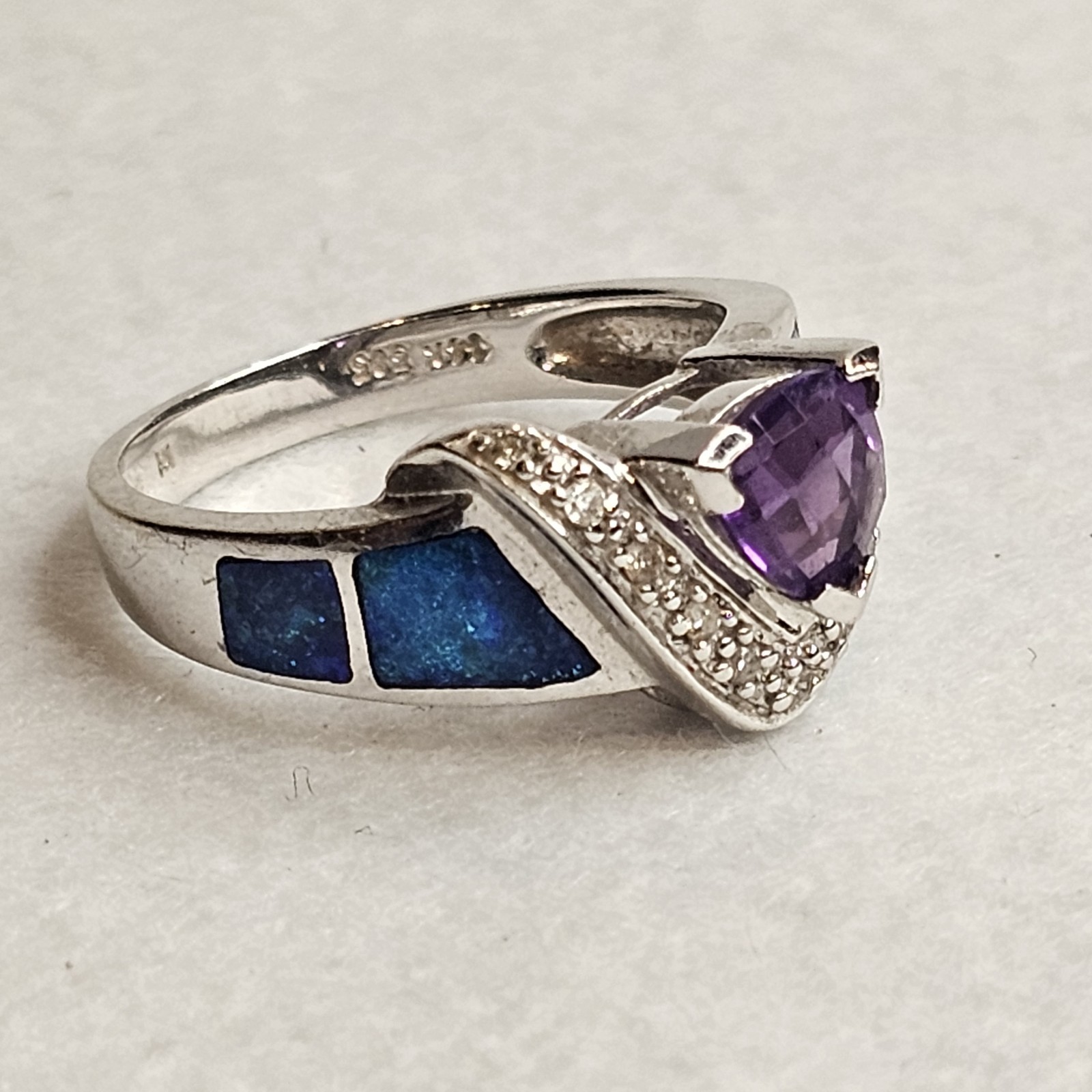 14K White Gold Amethyst Diamond Opal Inlay Ring Designer Style Estate Sz 6.25