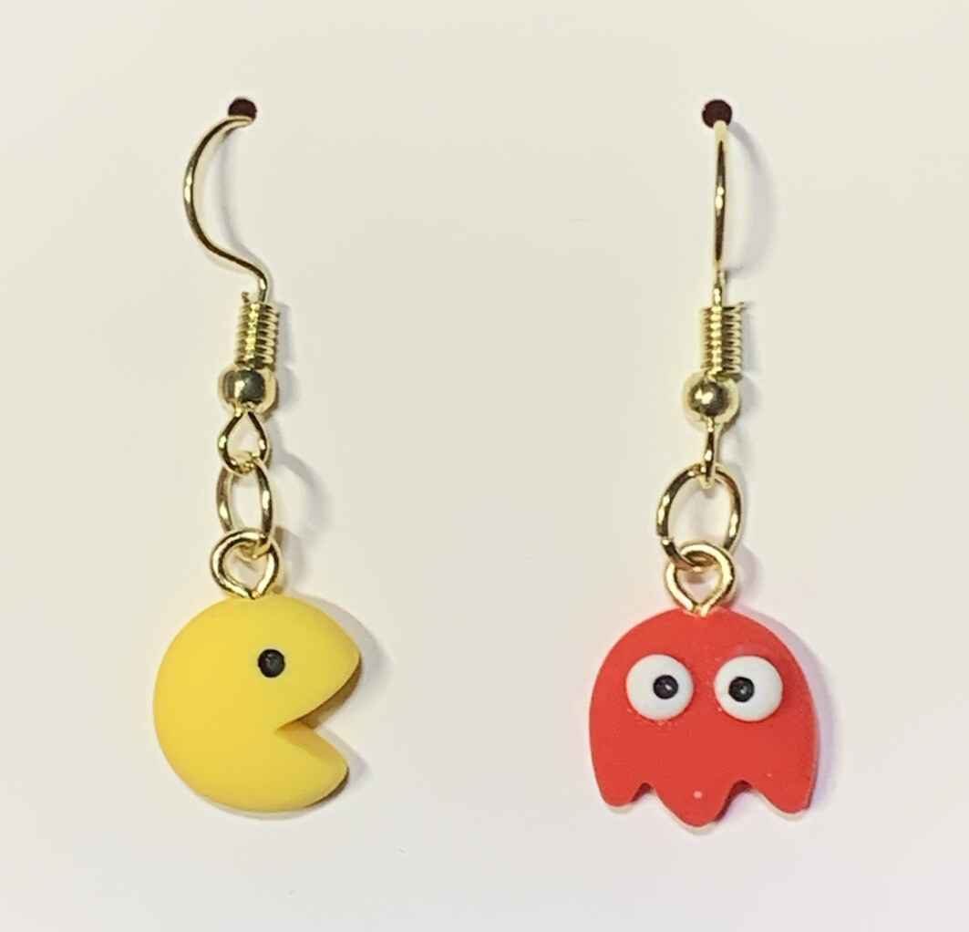 Gold PAC-Man & Ghost From Pac-Man Drop Dangle Earrings!!
