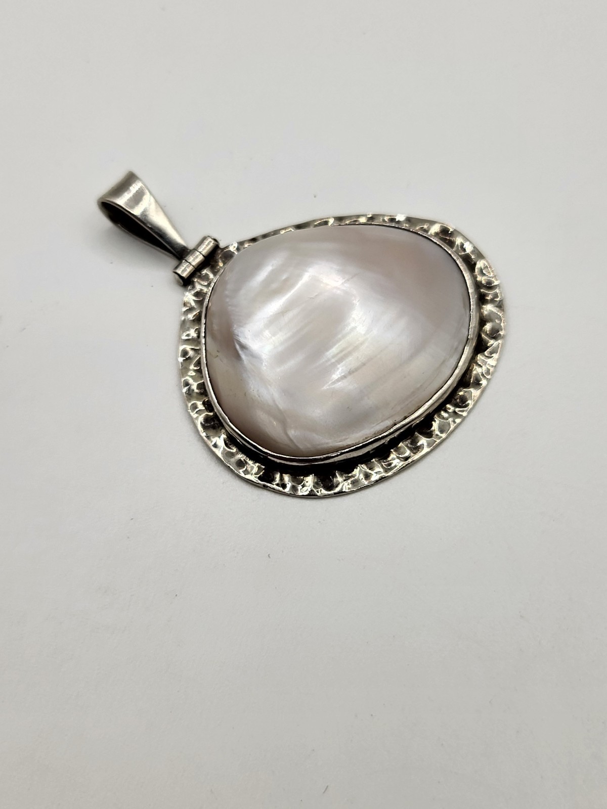 Large Hammered Sterling Frame MOP Irredescent Shell Pendant Closed Back Mexico