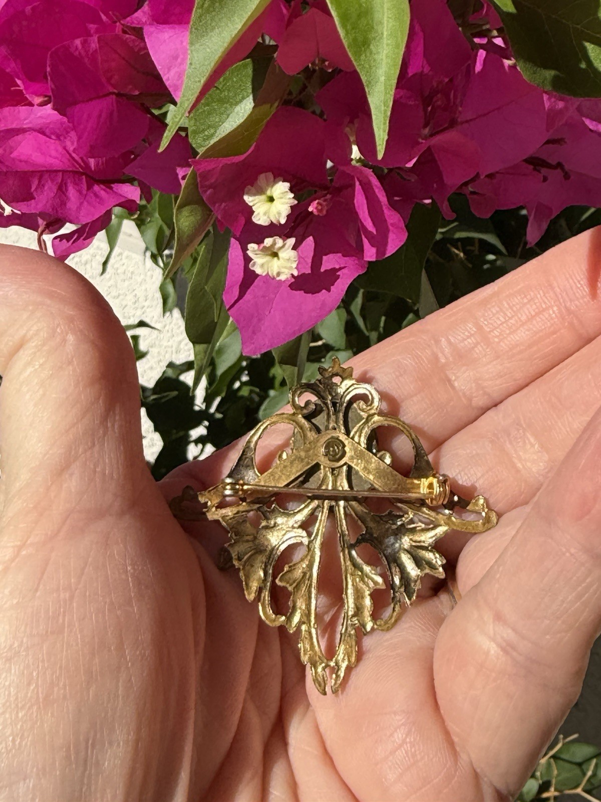 Vintage Ornate Brass Victorian Revival Brooch Pin With Ceramic Porcelain Flowers
