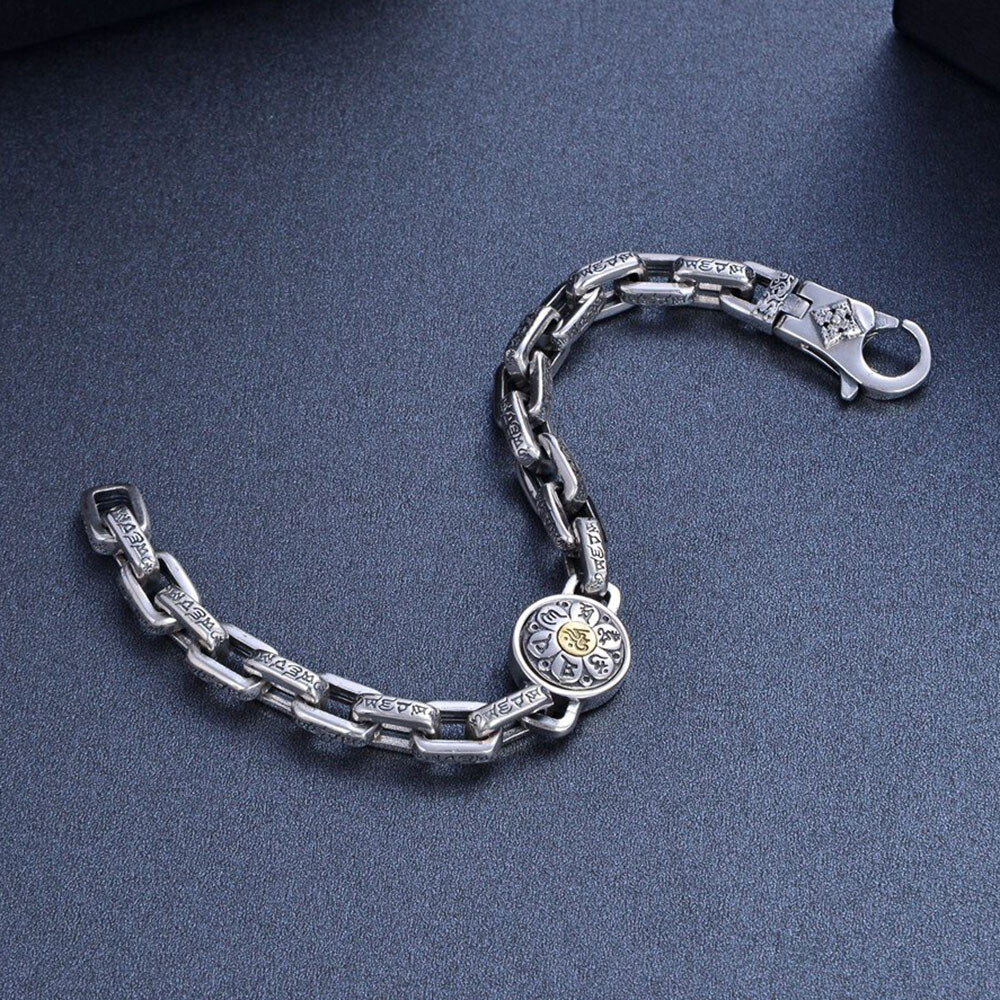 Pure 925 Sterling Silver Chain 8mm Six Words Square Cable Link Bracelet 7-8.7in