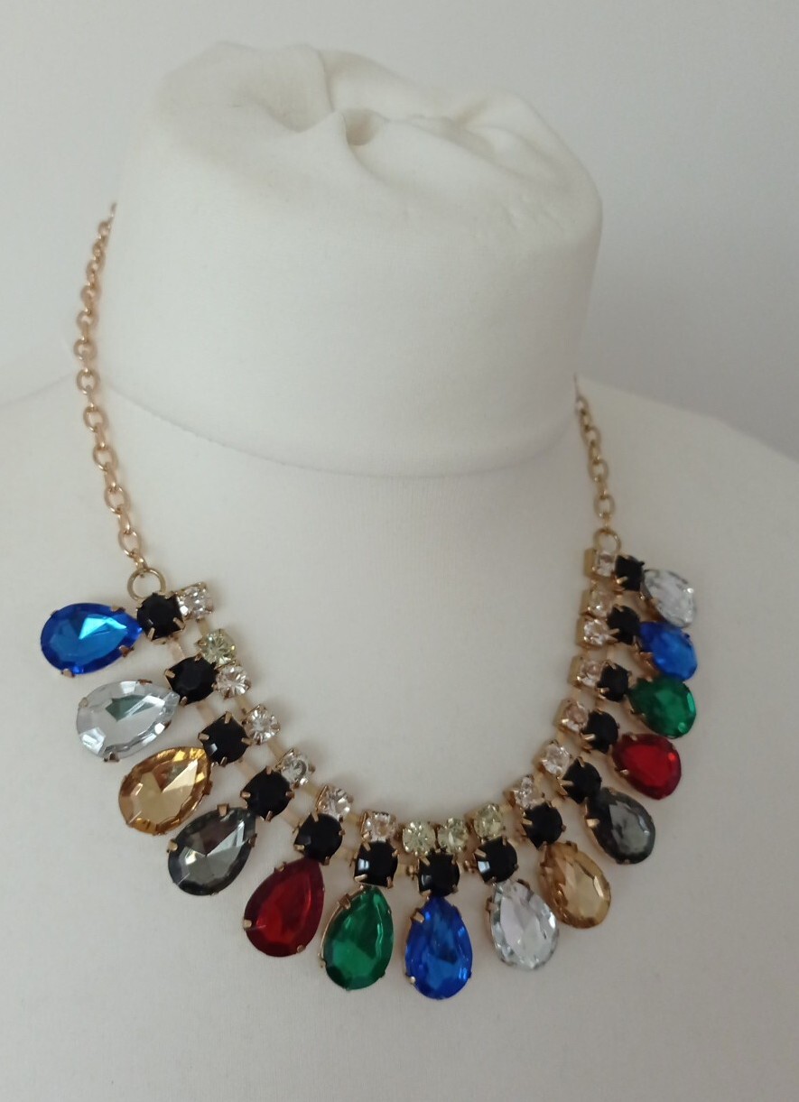 Retro Gold Tone Faceted Clear/Black&Multicolour Rhinestone Beads Necklace-L47cm
