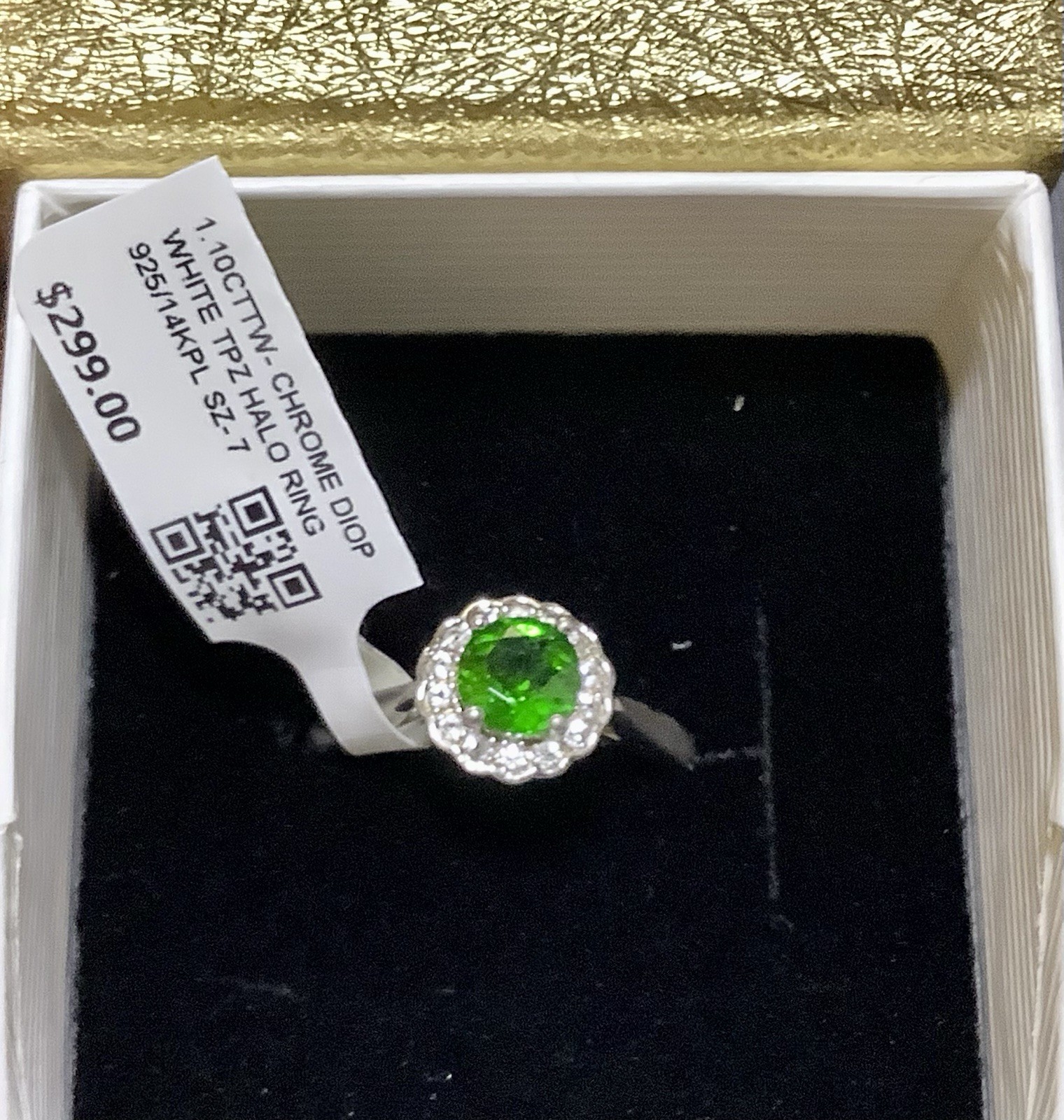 REAL NATURAL GREEN CHROME DIOPSIDE & WHITE TOPAZ HALO RING SILVER