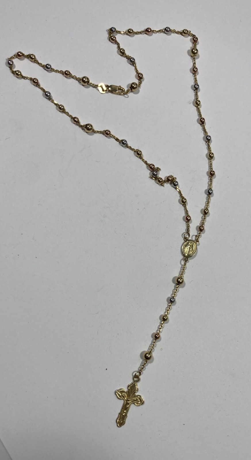 7.36grams Tri-Color Religious Bead 10K Gold 16″ Necklace. .099oz AGW.