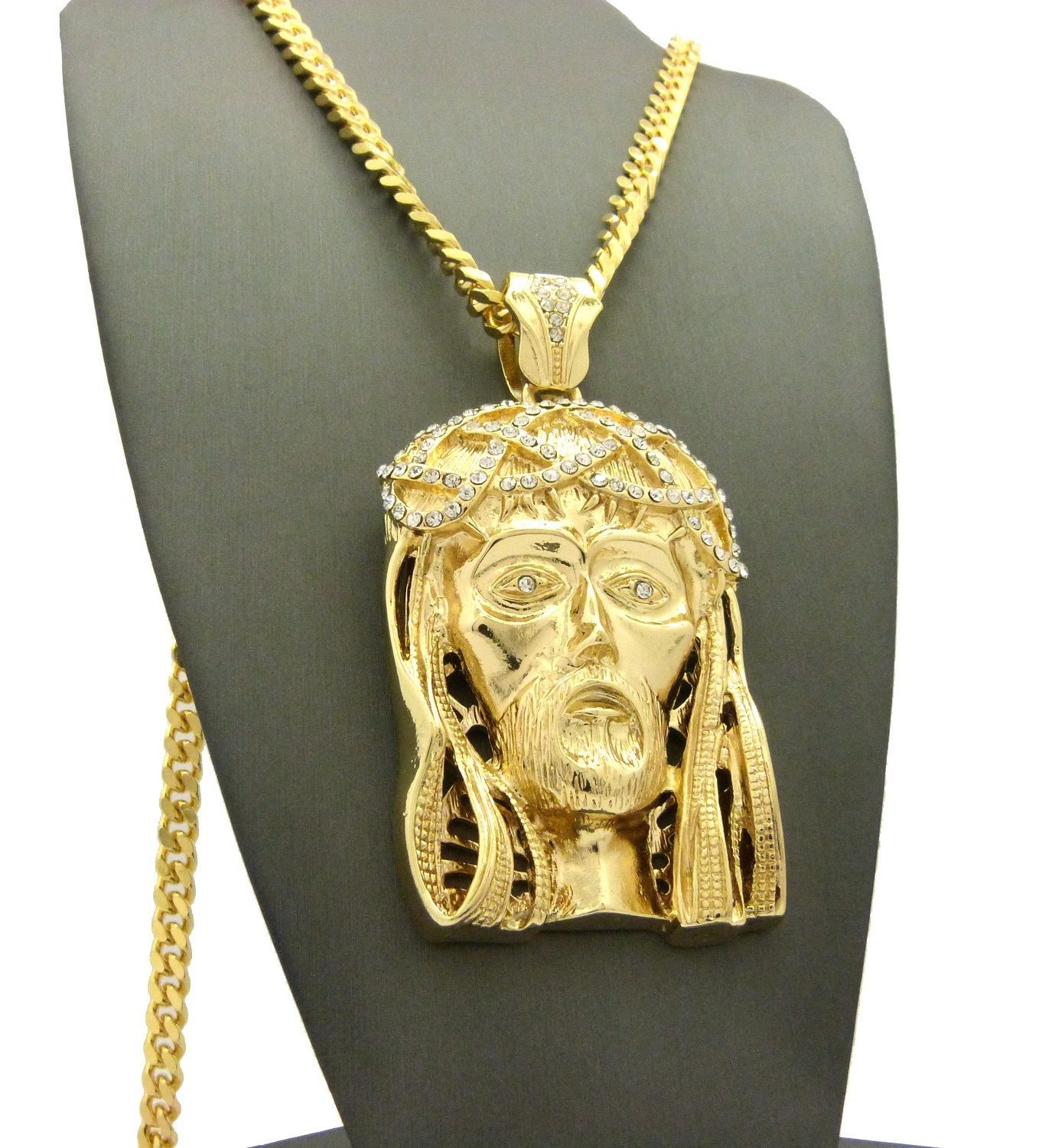 Hip Hop Iced Gold Plated Alloy Cubic Zirconia Big Jesus 30″ Cuban Chain Necklace