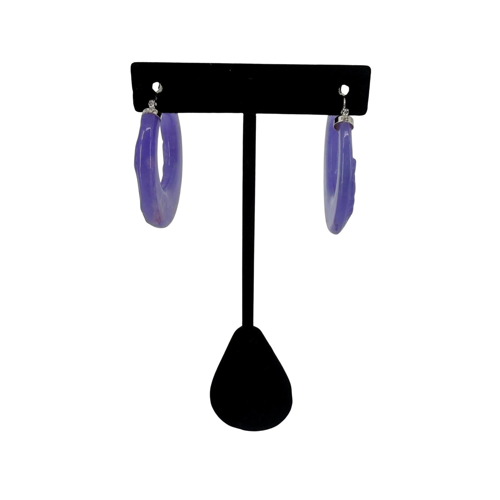 Purple Carved Jadeite Hoop Earrings Sterling Silver Latch Back Statement
