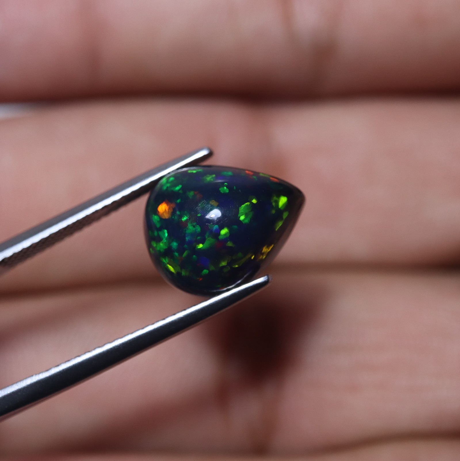 4.6Ct 13.2×10.6 MM Real AAA Multi Fire Smoked Black Ethiopian Opal Pear Cabochon