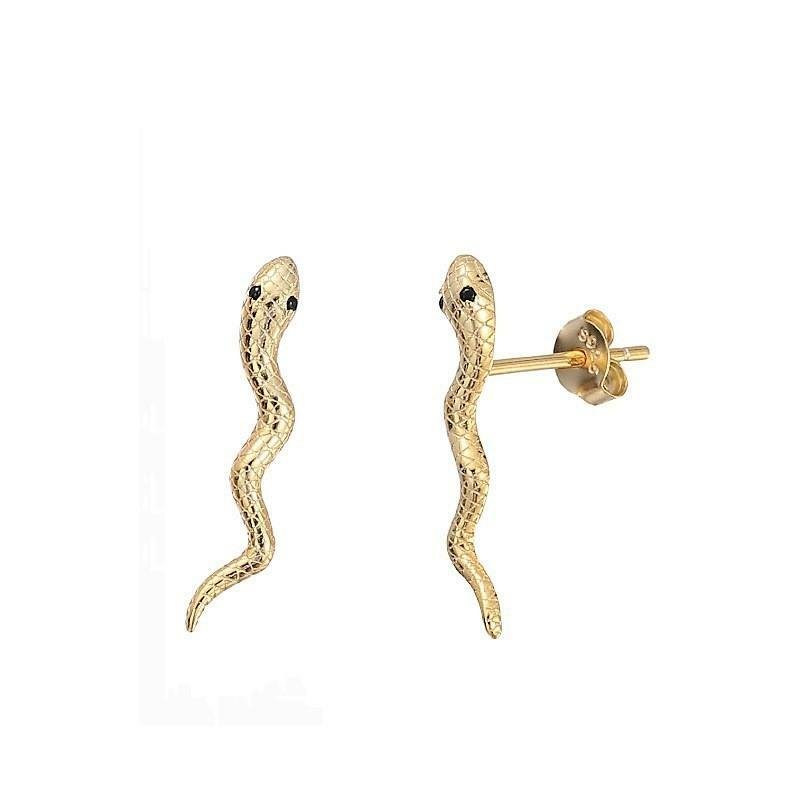 Gold or Silver 925 Sterling Silver Small Snake Stud Earrings Black CZ Eyes Chic