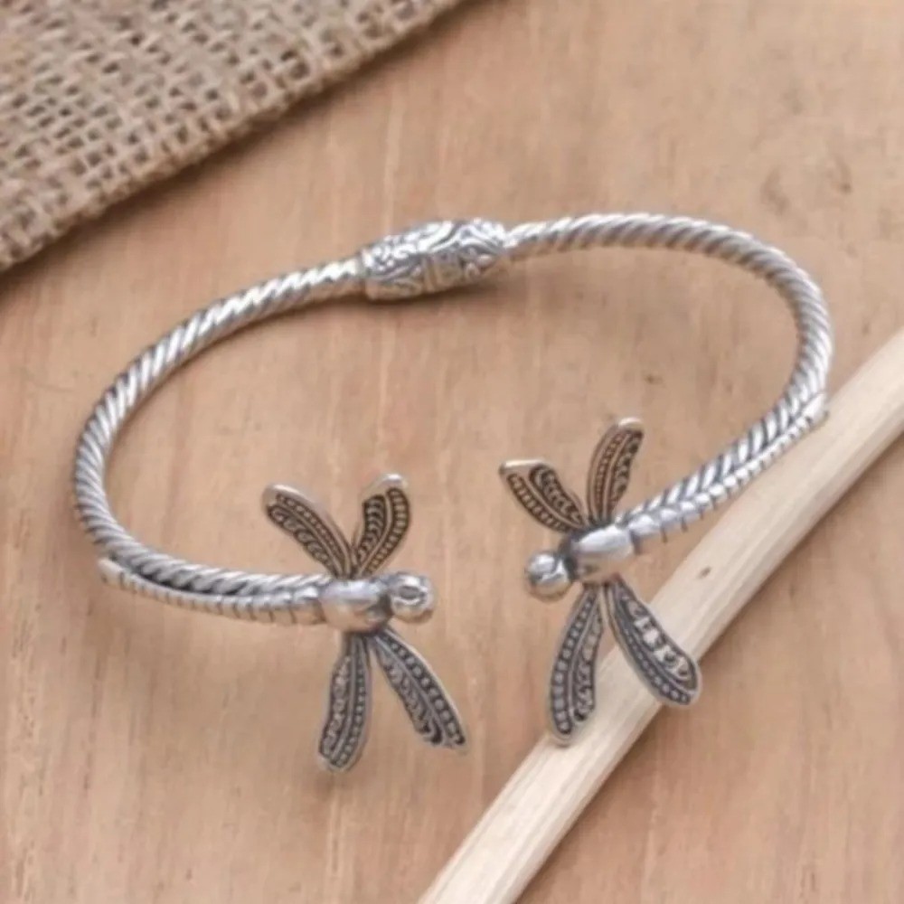 Boho Dragonfly Open Cuff Bracelet Silver Tone Adjustable Metal Bangle for Women