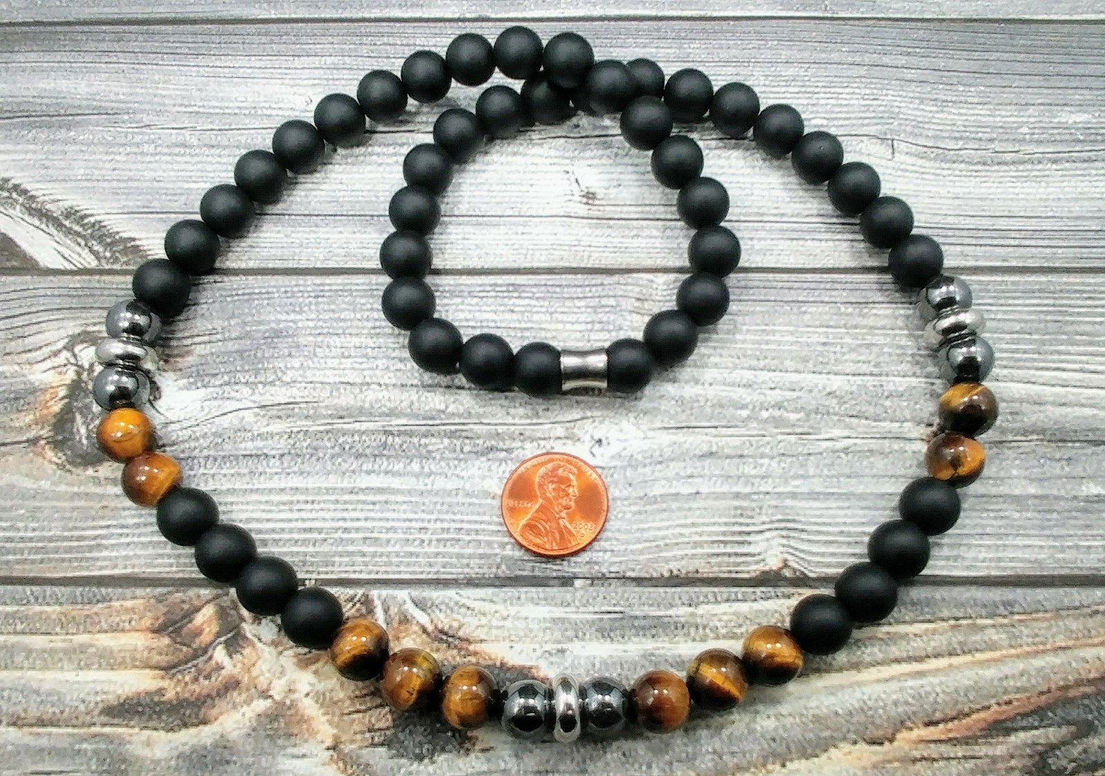 24″L STAINLESS STEEL 10mm Tigers Eye+Onyx+Hematite Gemstone Beaded Mens Necklace