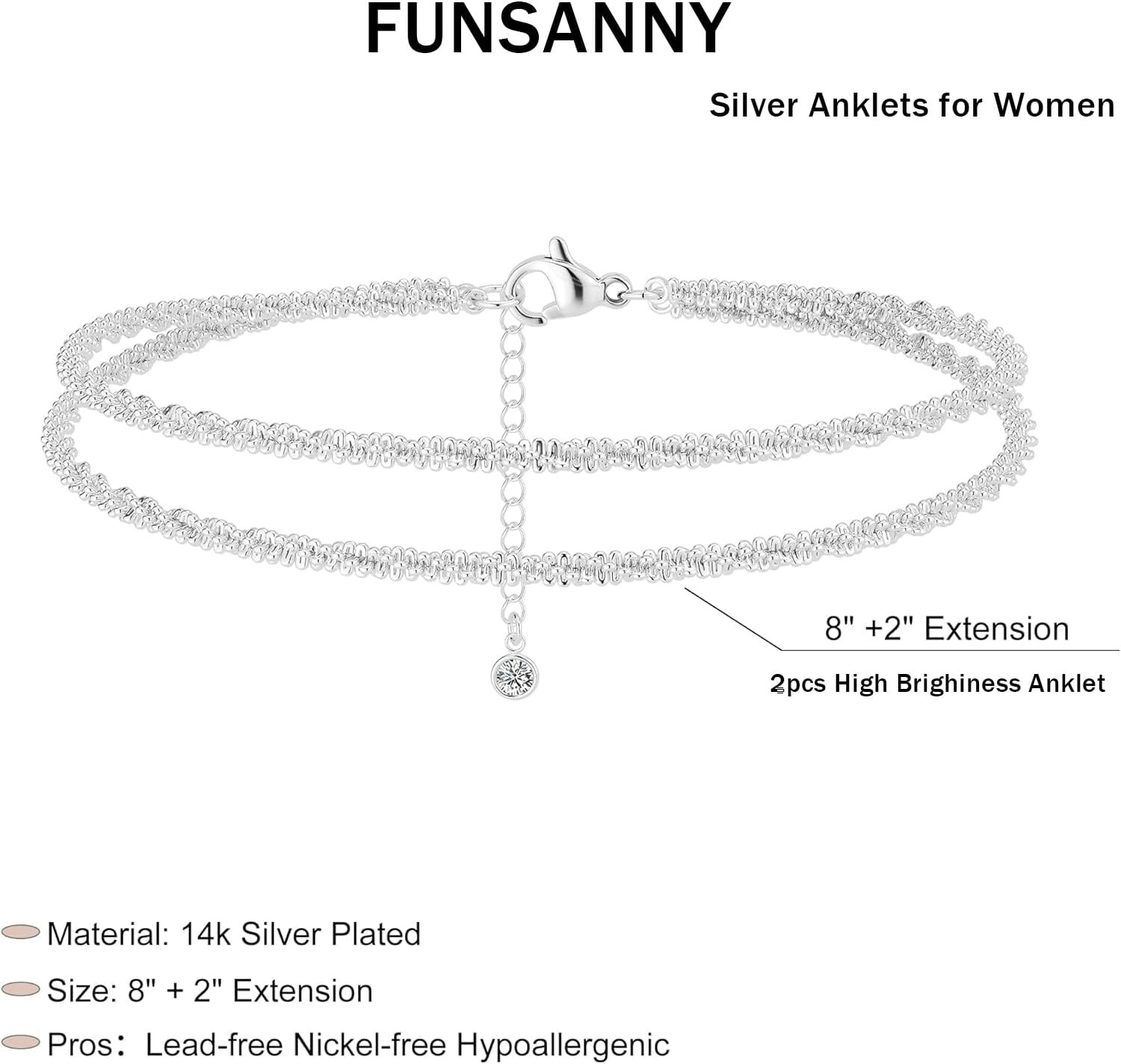 Silver Ankle Bracelets for Women Waterproof Sparkling Link Chian Anklets | Layer