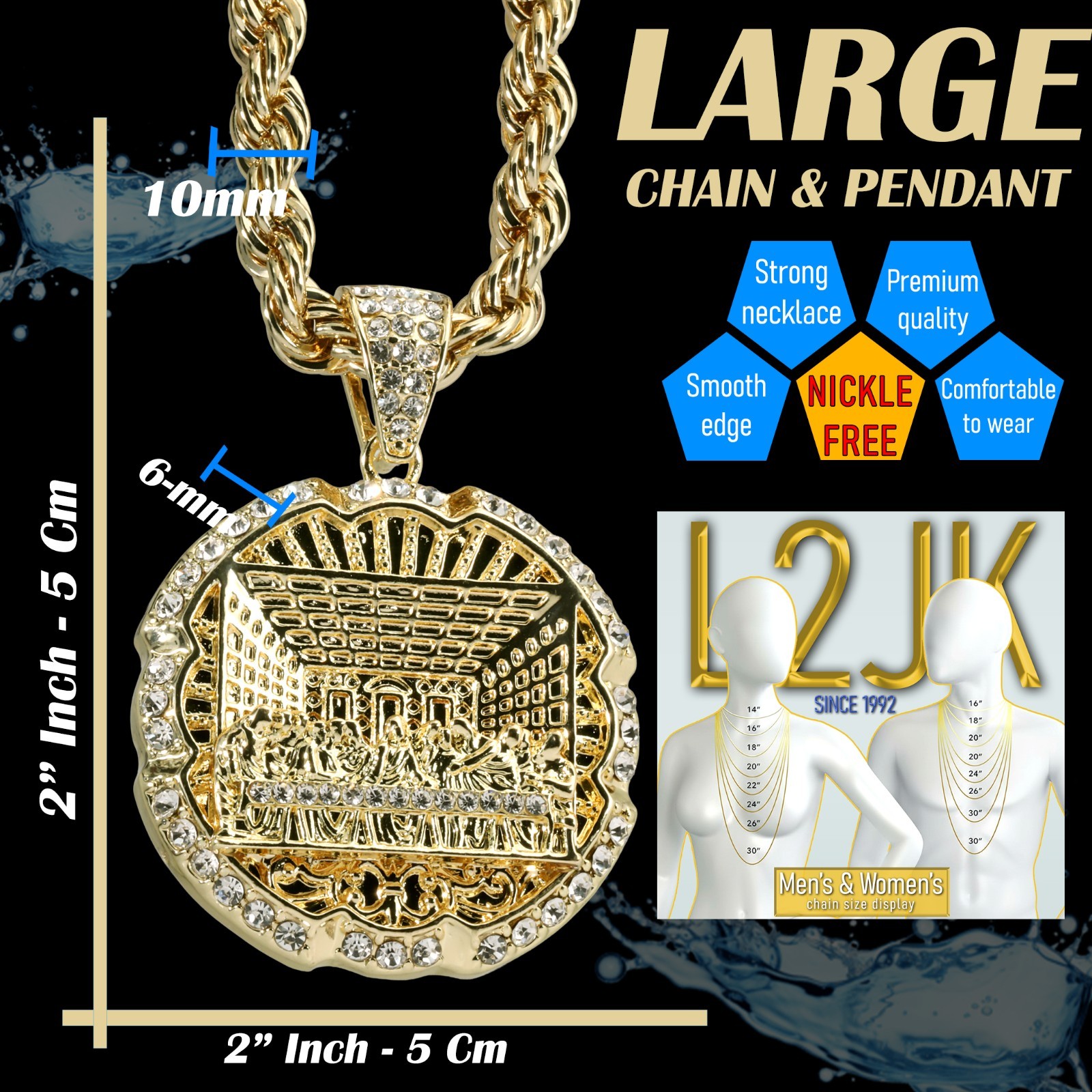Last Supper Pendant & 7mm – 10mm 30″ Men Rope Chain Necklace Fashion Gold Plated