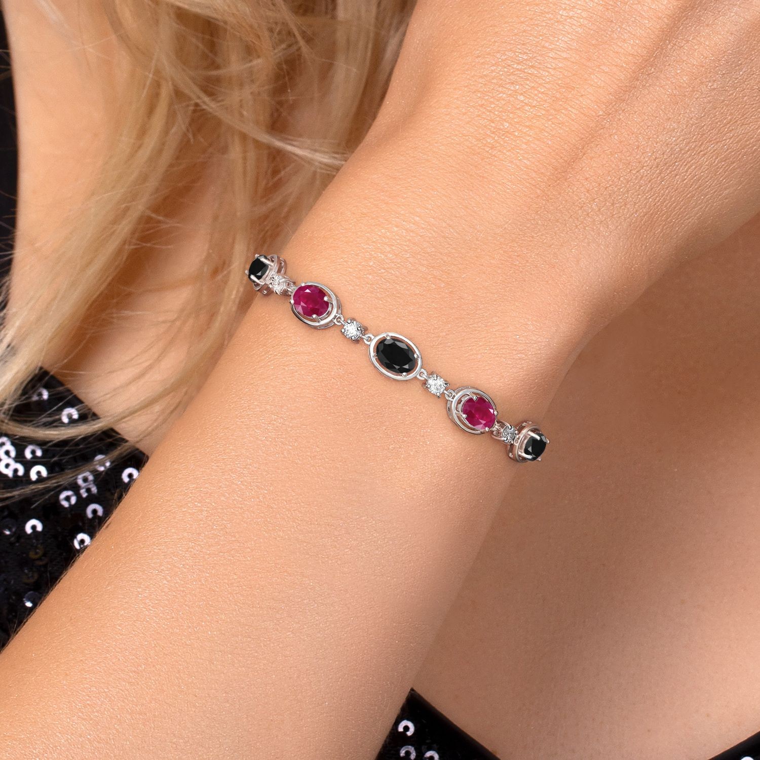 925 Sterling Silver Black Sapphire and Ruby and Lab Grown Diamond Bracelet For
