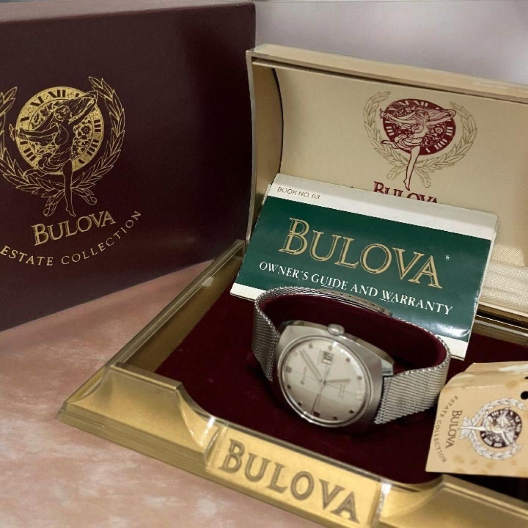 Vintage 1960s BULOVA 23 Jewels Automatic Date Silver Dial Mesh Men Watch Box