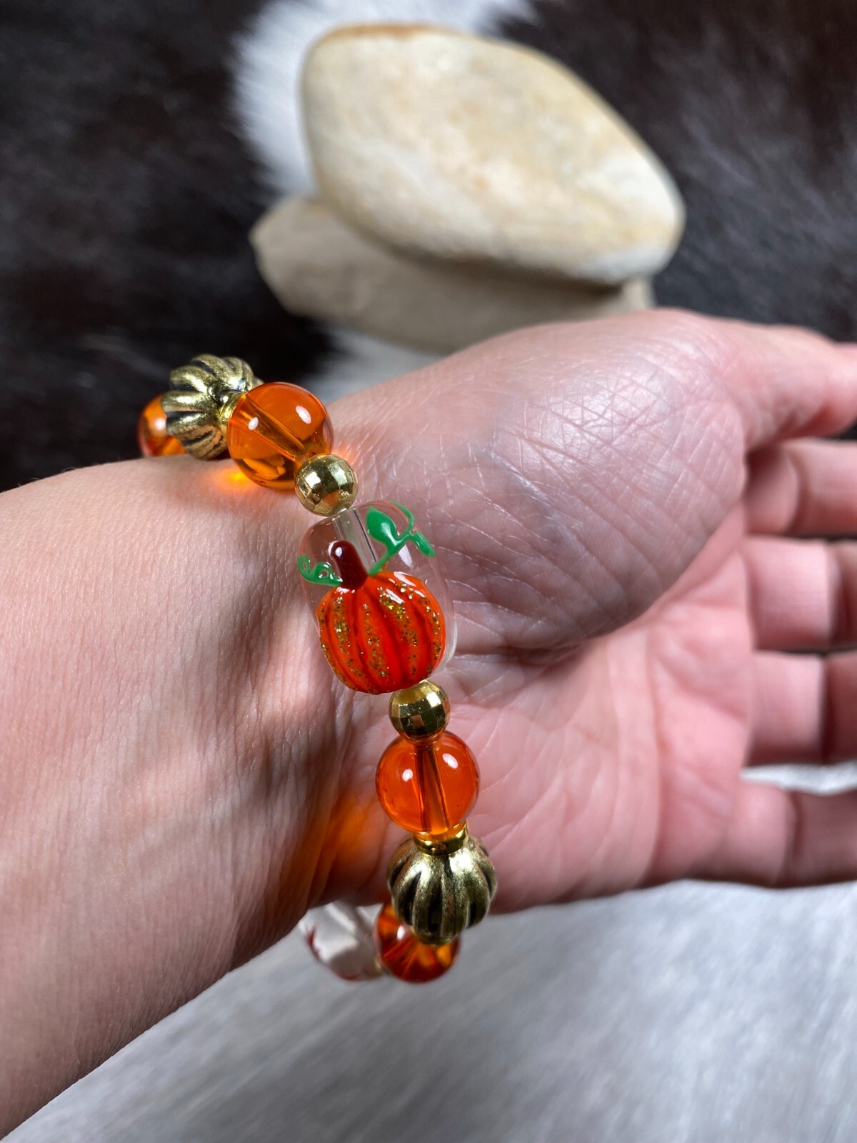 Fall Bracelet Pumpkin Maple Leaf Harvest Jewelry Beaded Gold Orange Brown