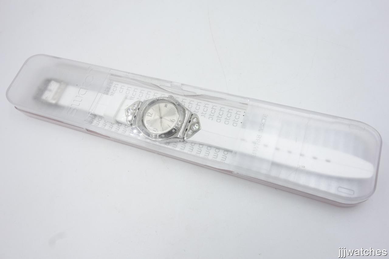New Swatch Irony Scintillating White Rubber Crystals Women Watch YLS450 $135