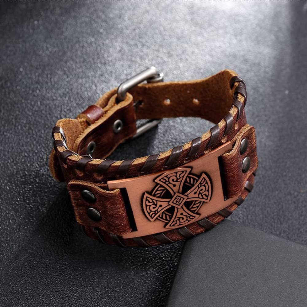 Celtic Solar Cross Bracelet, Leather Cuff Wristband with Irish Charm Amulet