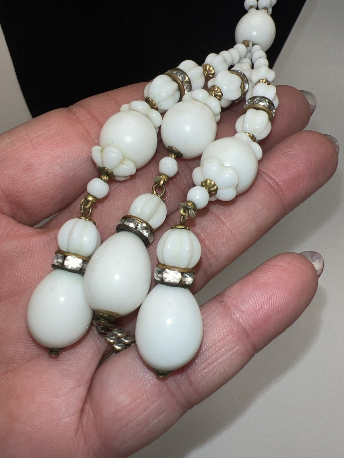 1930s 40s Milk Glass Lariat Necklace Rhinestone Multi Strand Art Deco 34”