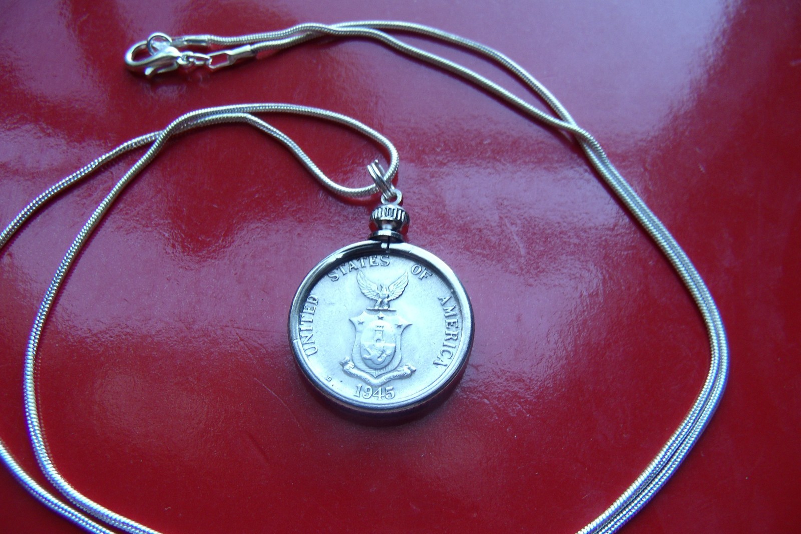 1944 – 1945 Philippines Silver Lady Victory Bezel on 24″ 925 Silver Snake Chain