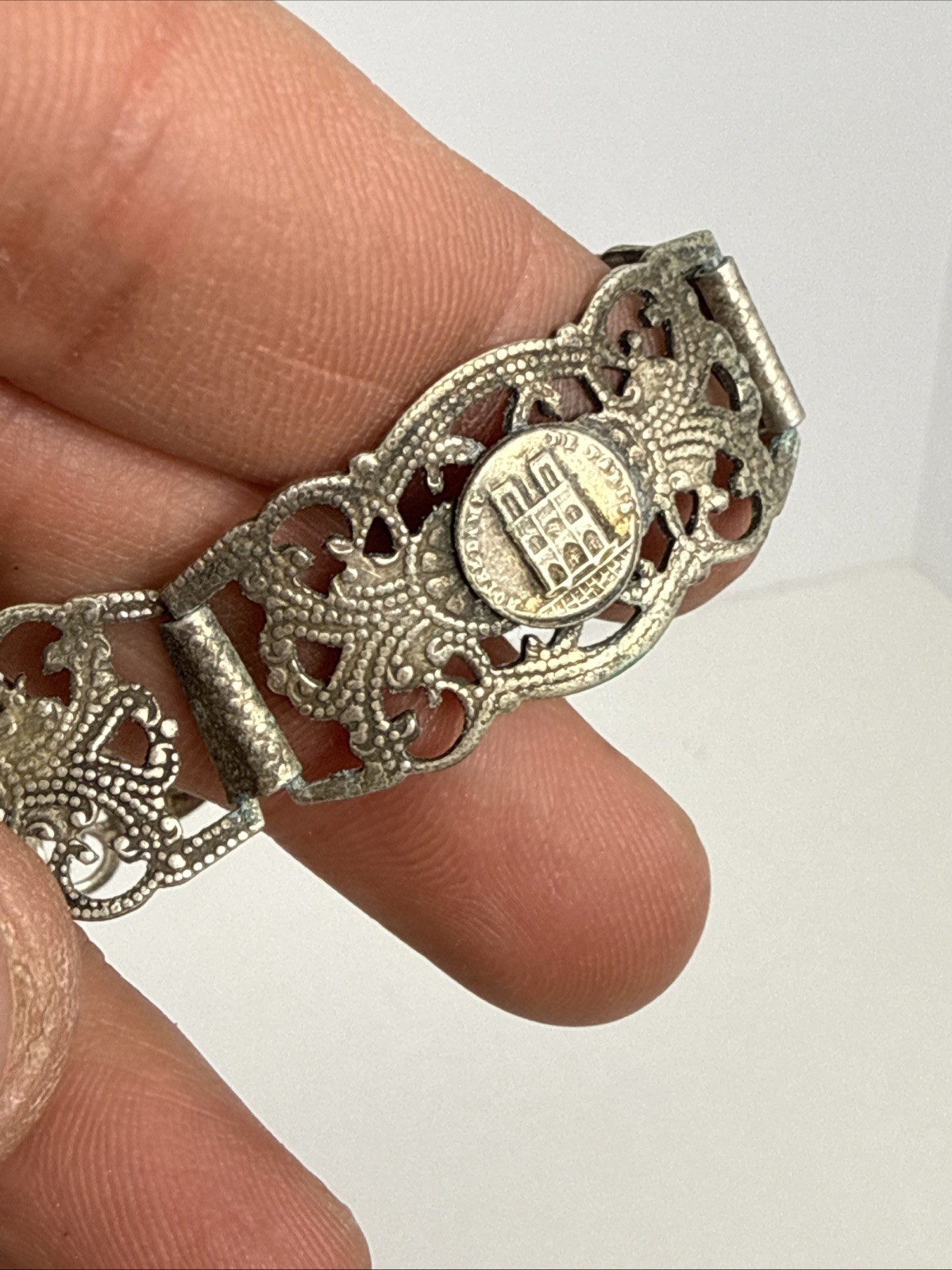Antique Paris Eiffel Tower Tarnished Silver-Plated Travel Charm Bracelet 7-8″