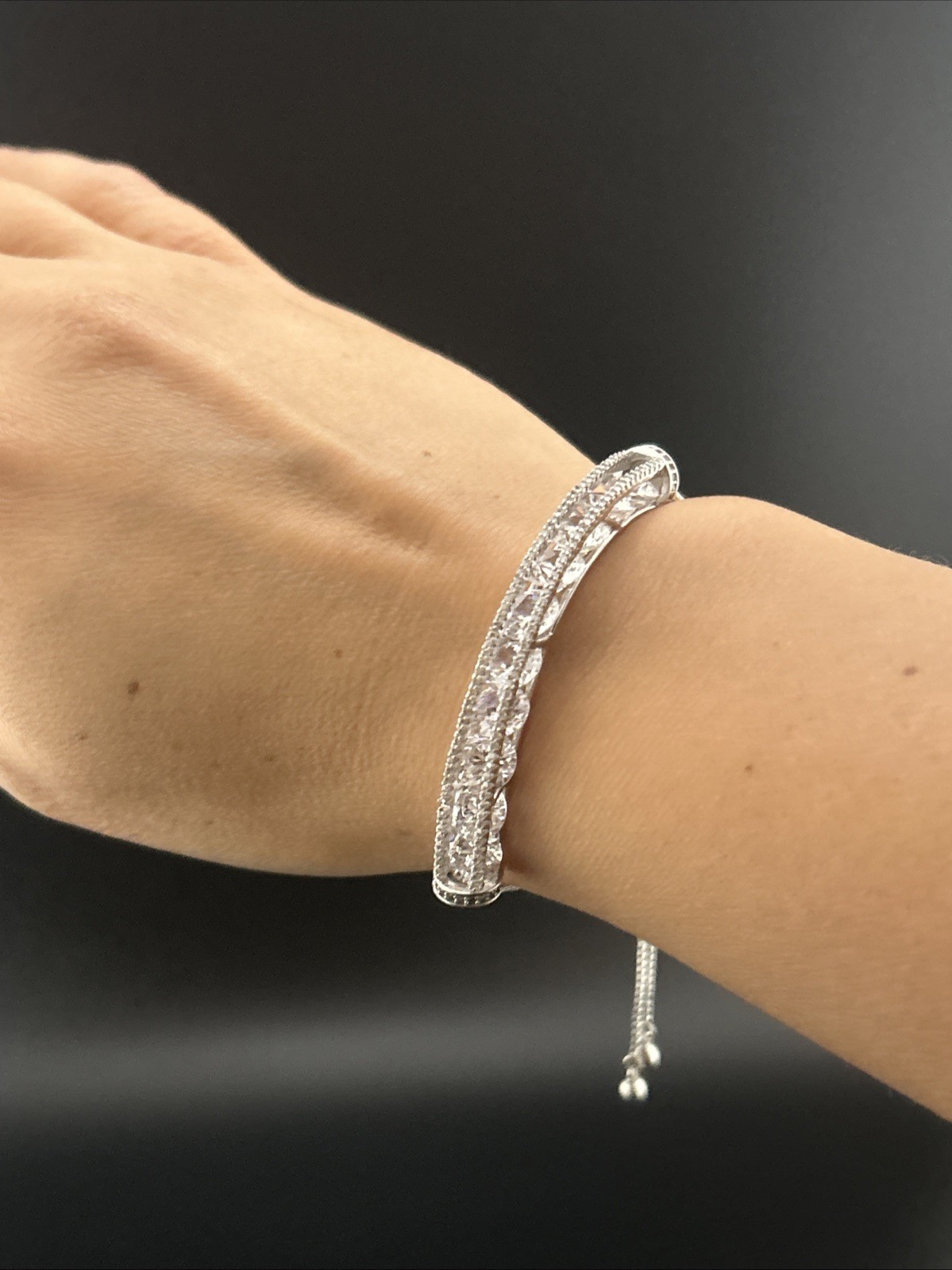 Sterling 925 Signed Fuzion Creations CZ Bridge Adjustable Slider Bracelet
