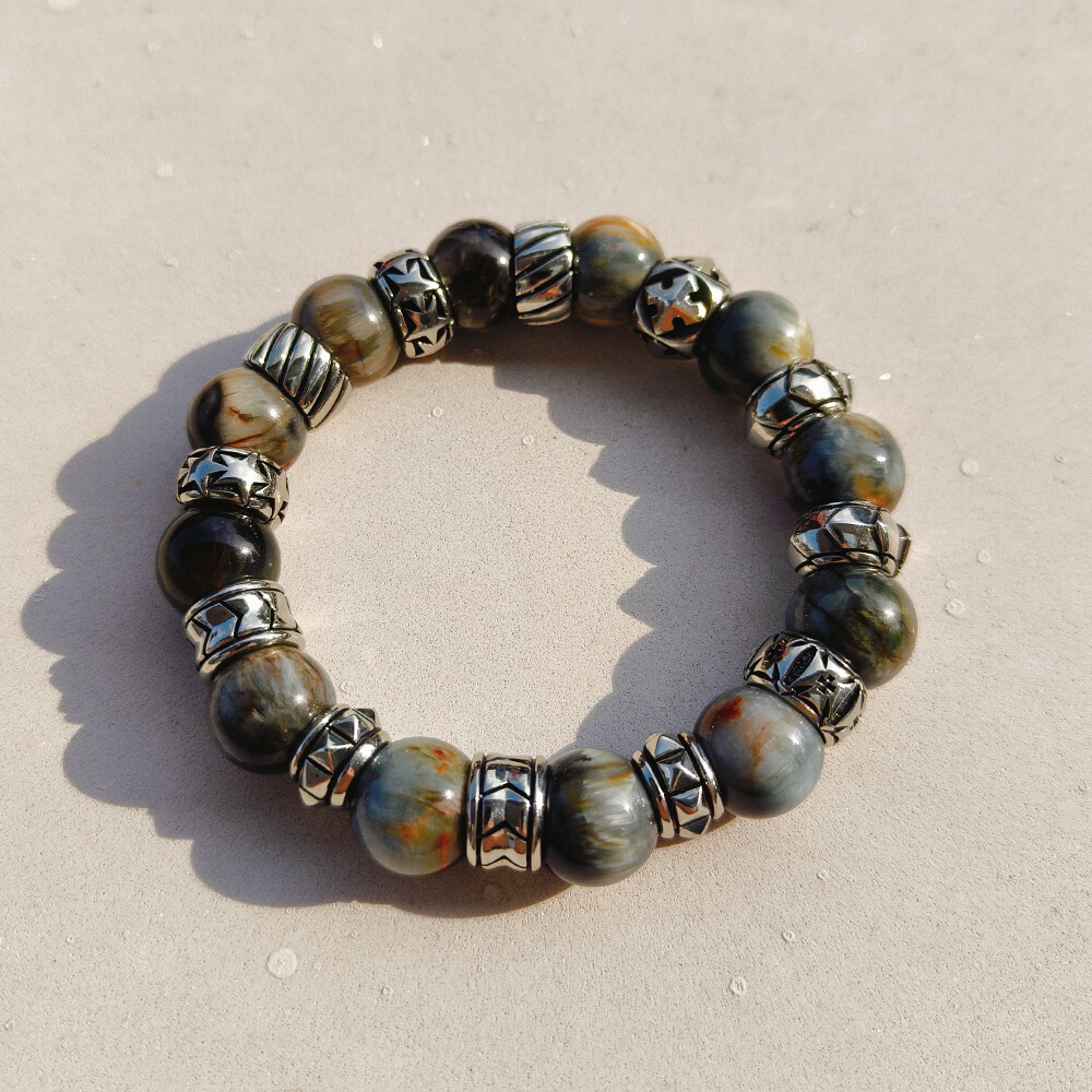 Cupronickel Accessory 12mm Round Beads Hawk eye gem Punk Bracelet CP476D