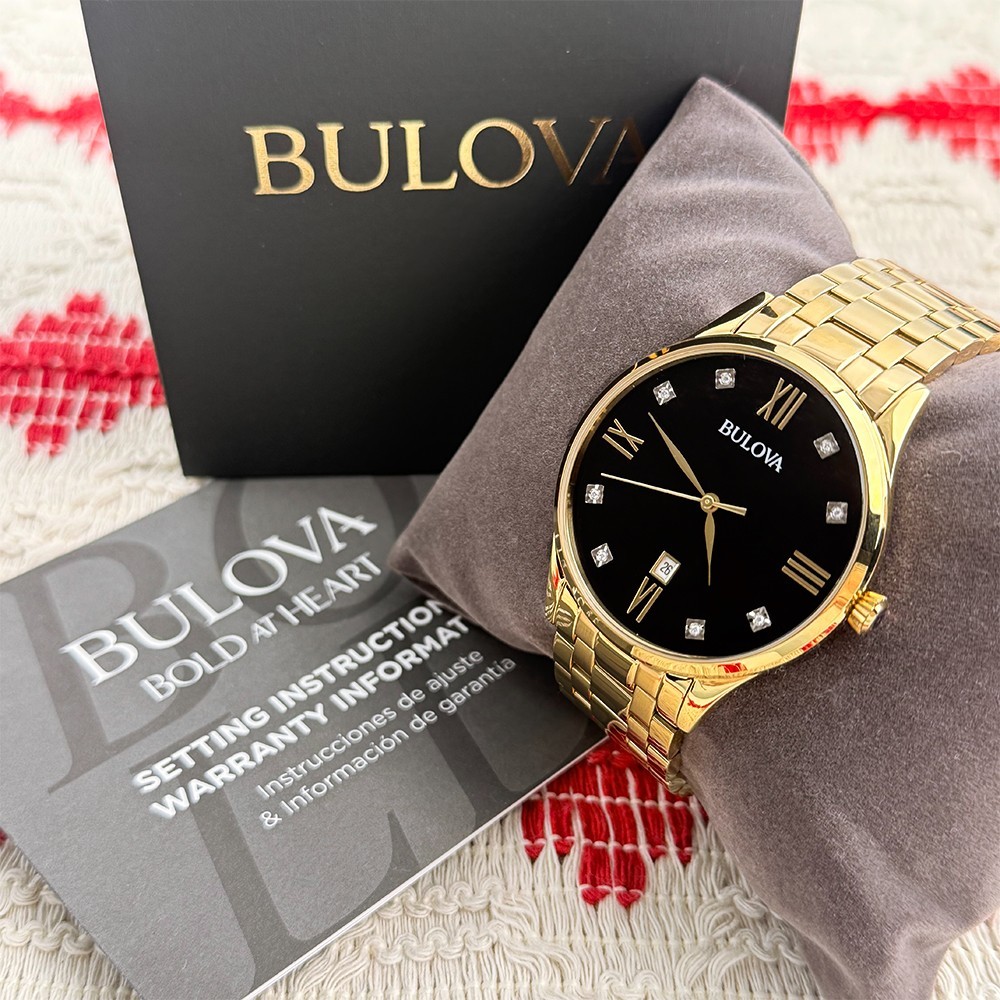Classic Bulova Diamond 97D108 Black Dial Gold Bracelet Quartz Men’s Watch 40mm